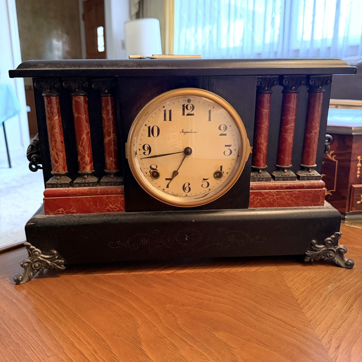 Vintage Ingraham pillar clock, does chime, right handle is broken, 17"L x 10"H x 7"D