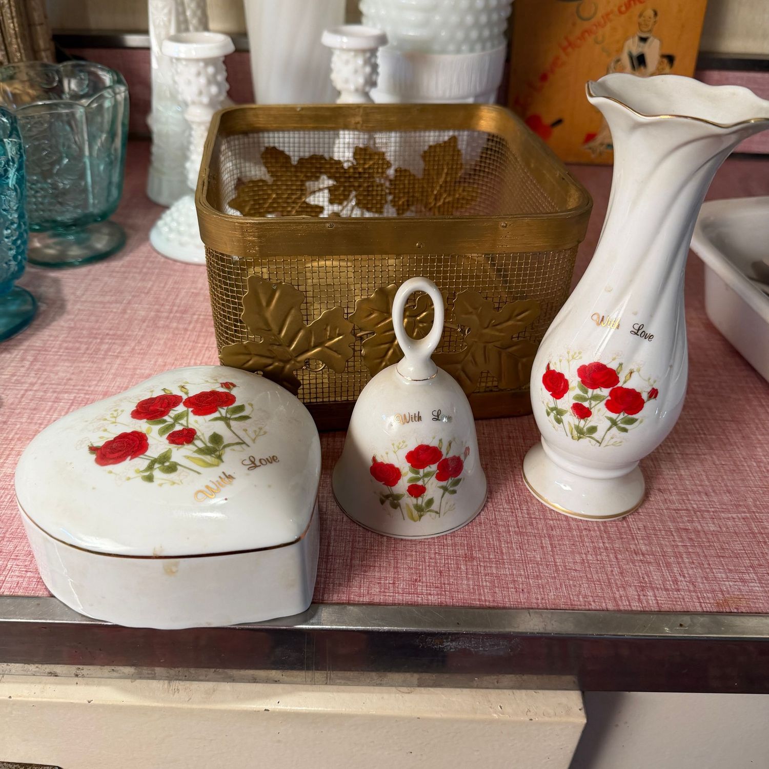Ceramic with love box, bell, vase, in small metal mesh basket with brass finish