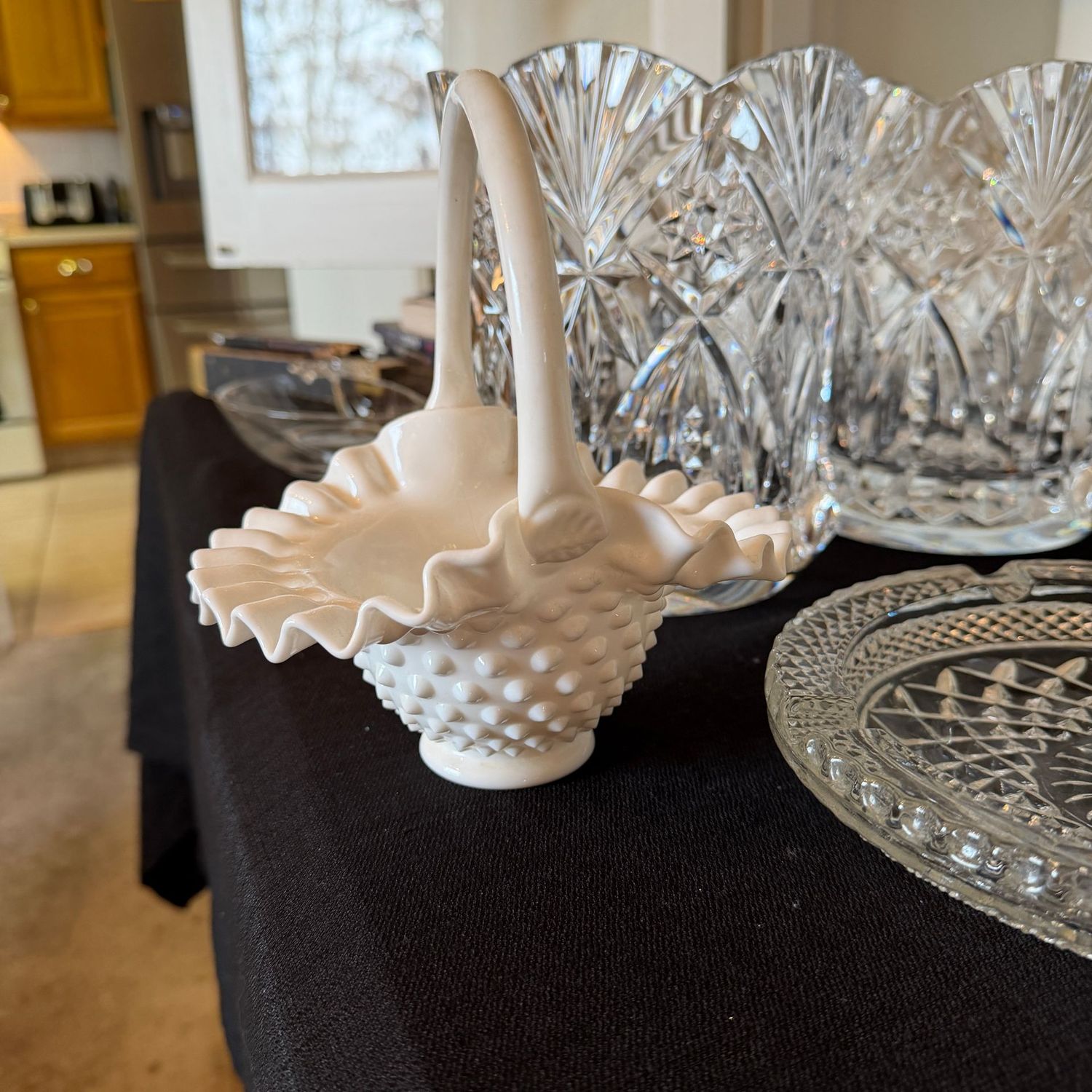 Fenton hobnail milk glass basket, 8"