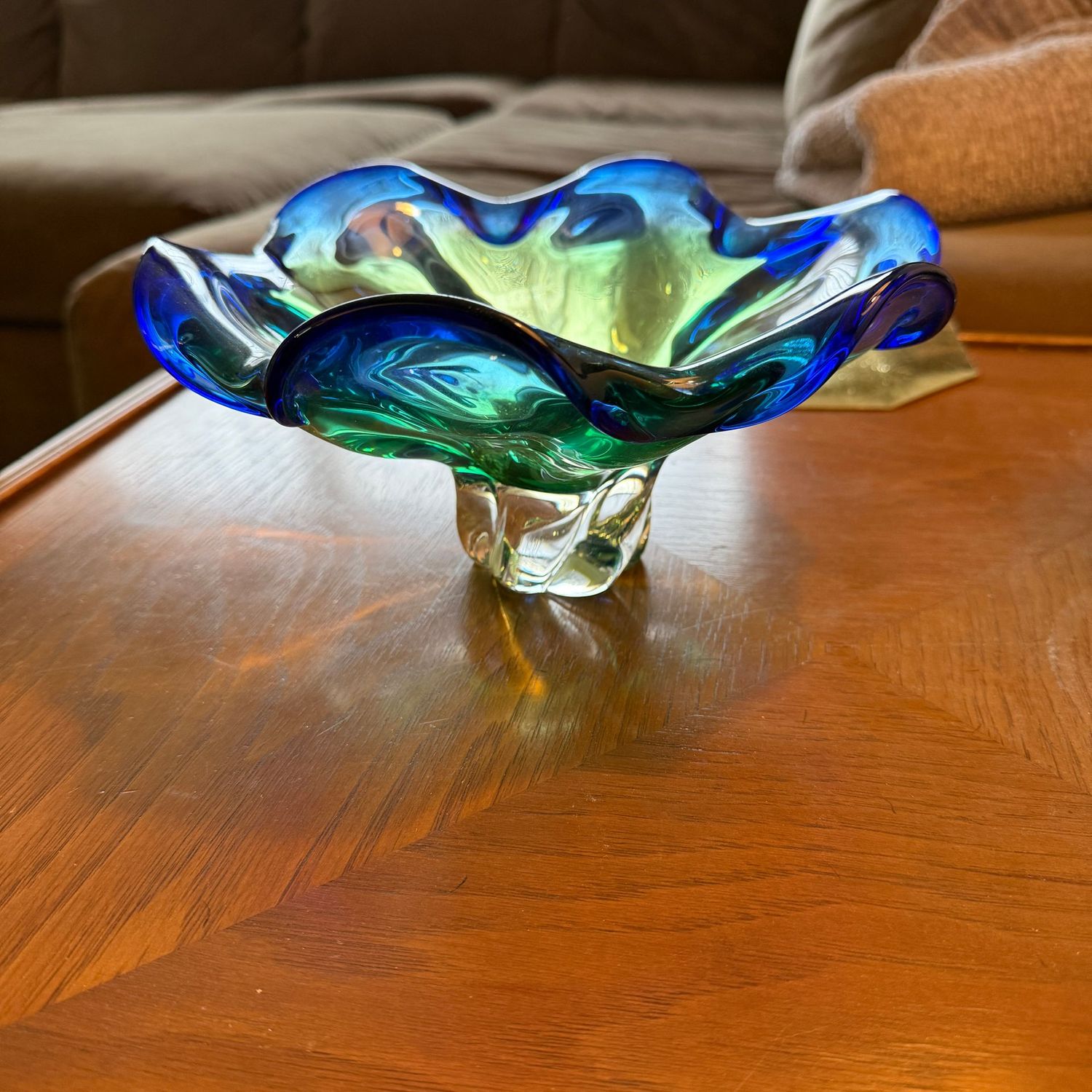 Murano-style art glass bowl in blue and teal with a clear base (UL), 4"H x 9"W