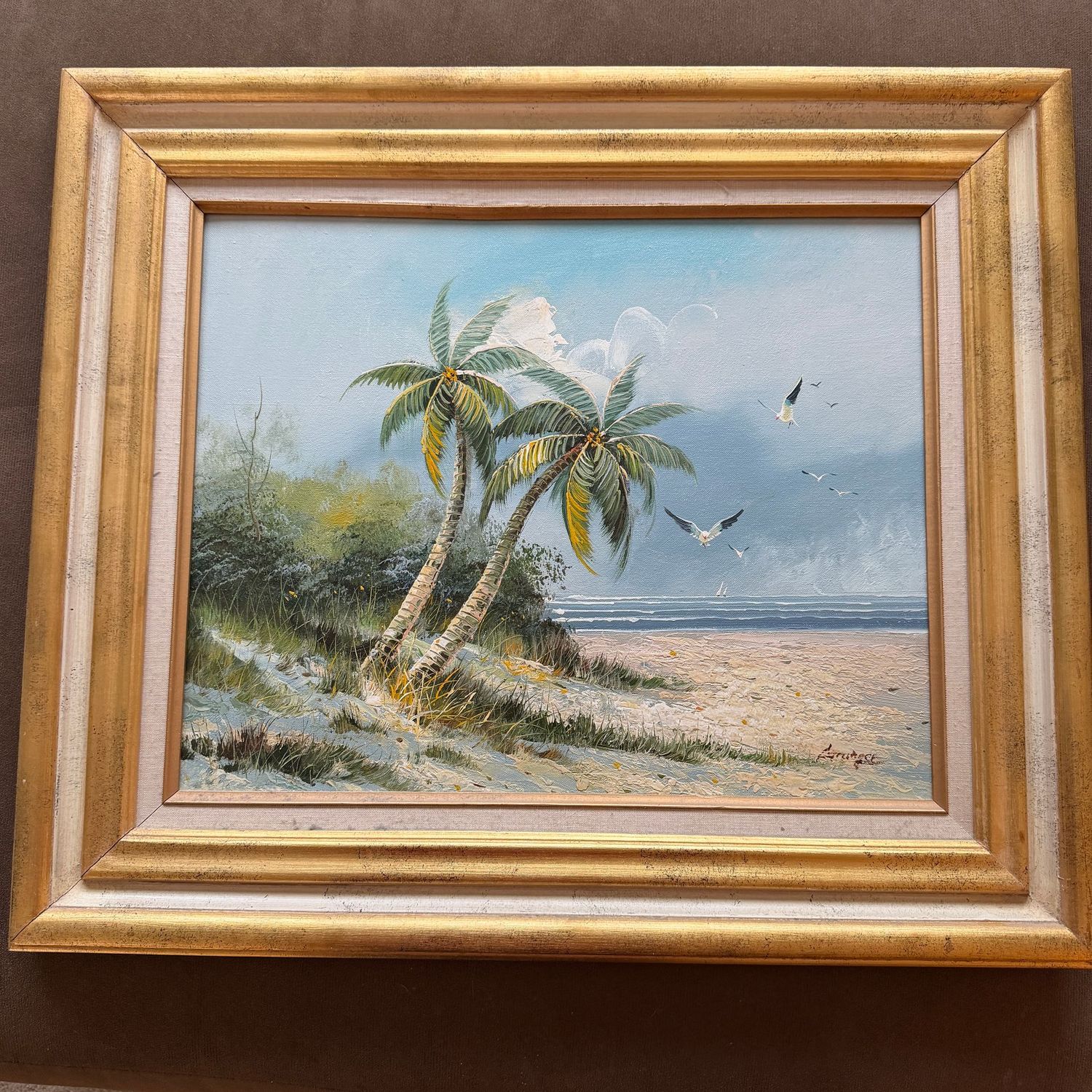 Beach landscape painting on canvas, nicely framed, 22" x 27"