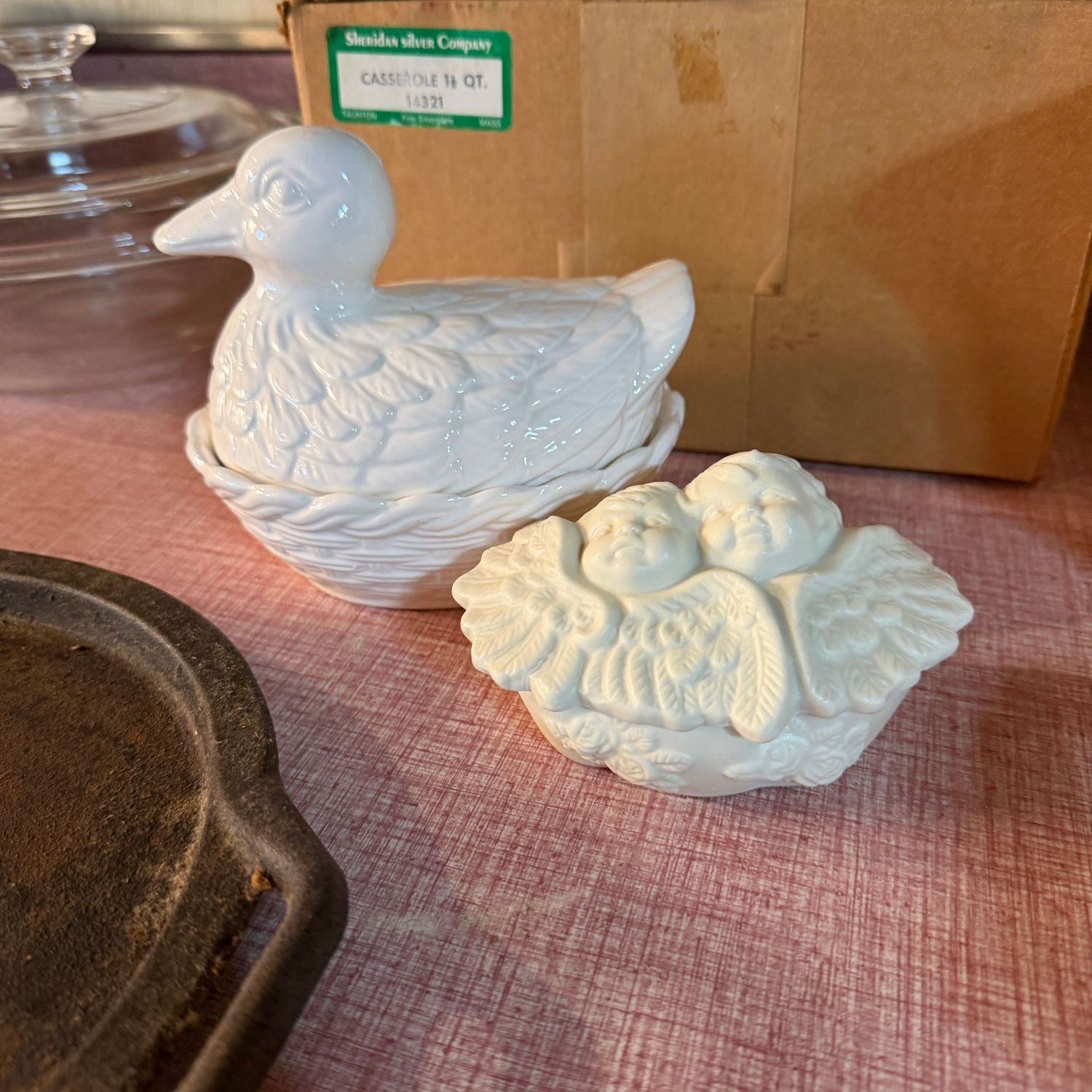 Ceramic trinket dishes, angels and duck, 3" - 5"