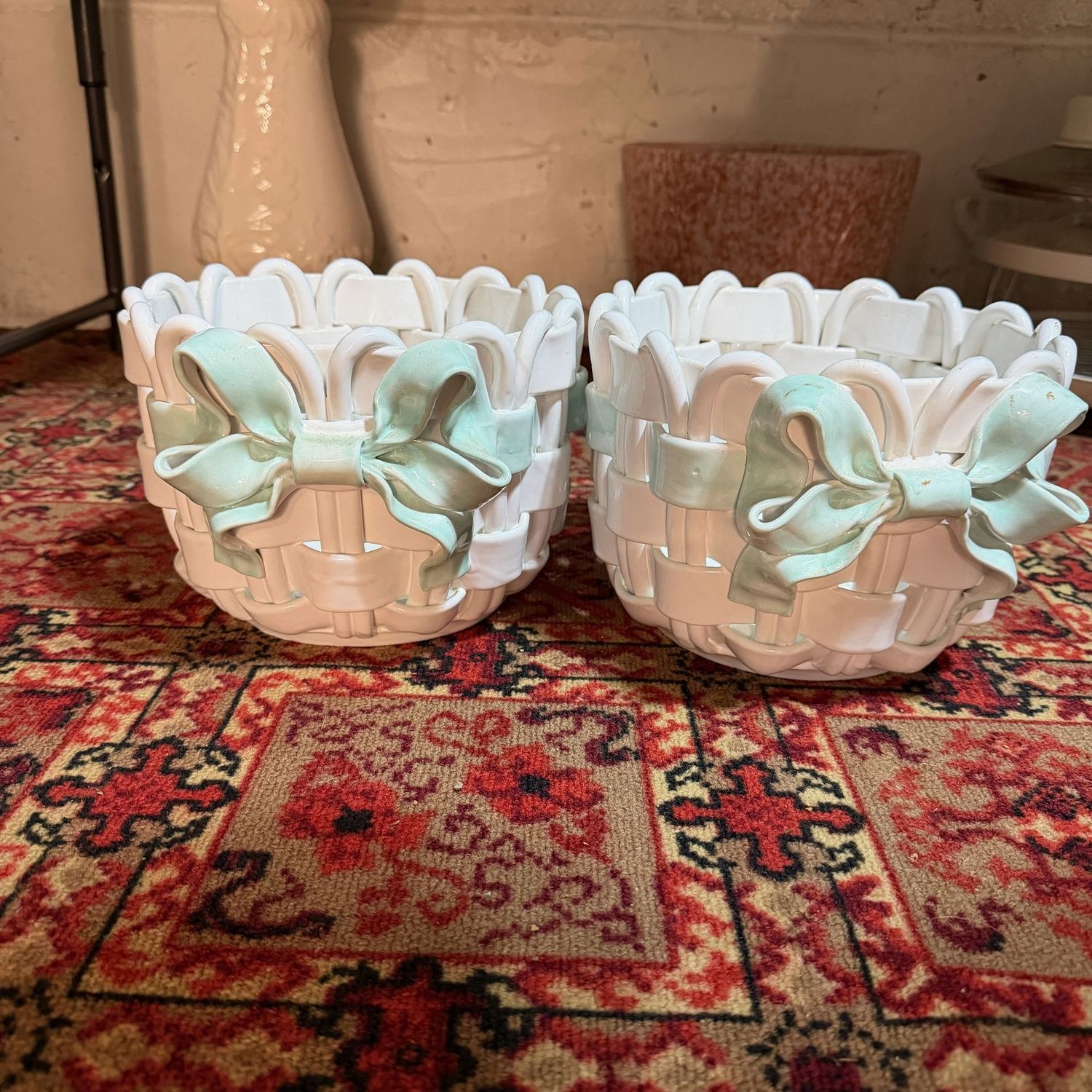 Pair of Italian basket-weave white and green ceramic planters 6"H