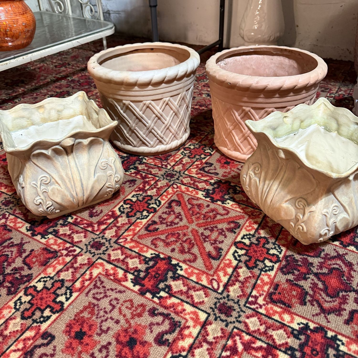 Group of 4 ceramic planters, the round ones are 7"H x 9"W