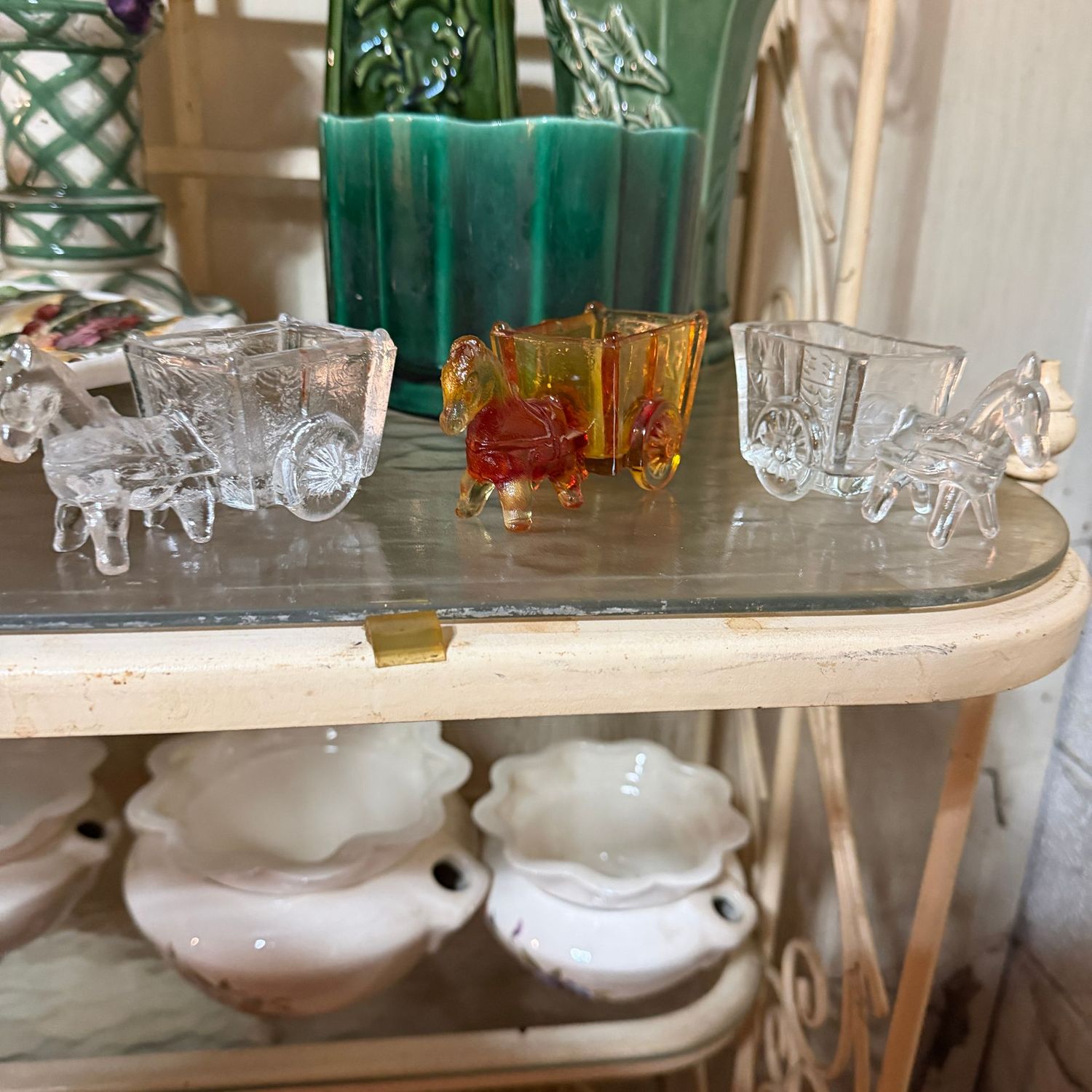 Group of 3 horse-drawn wagon glass toothpick holders