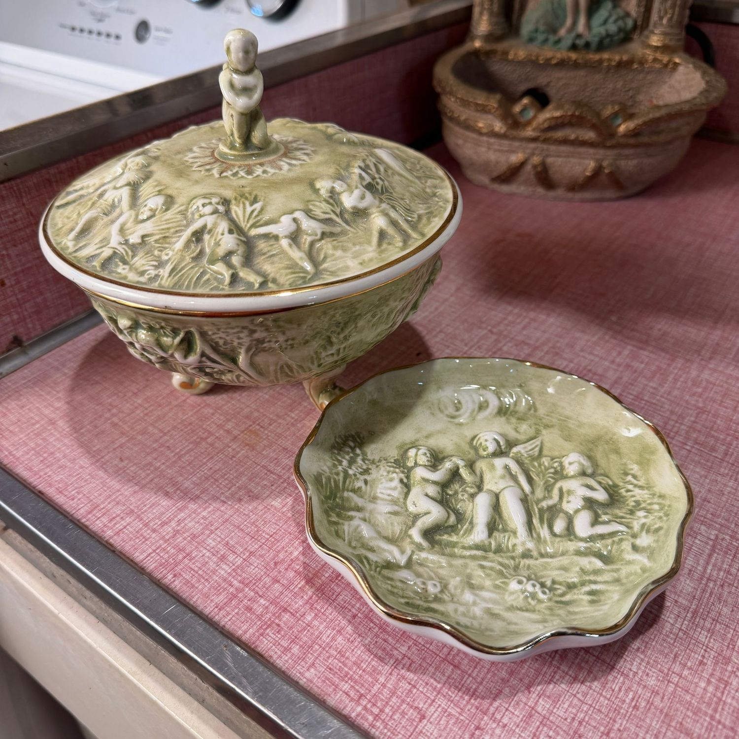 Capodimonte green ceramic cherub dish and compote, 6"H x 6"W
