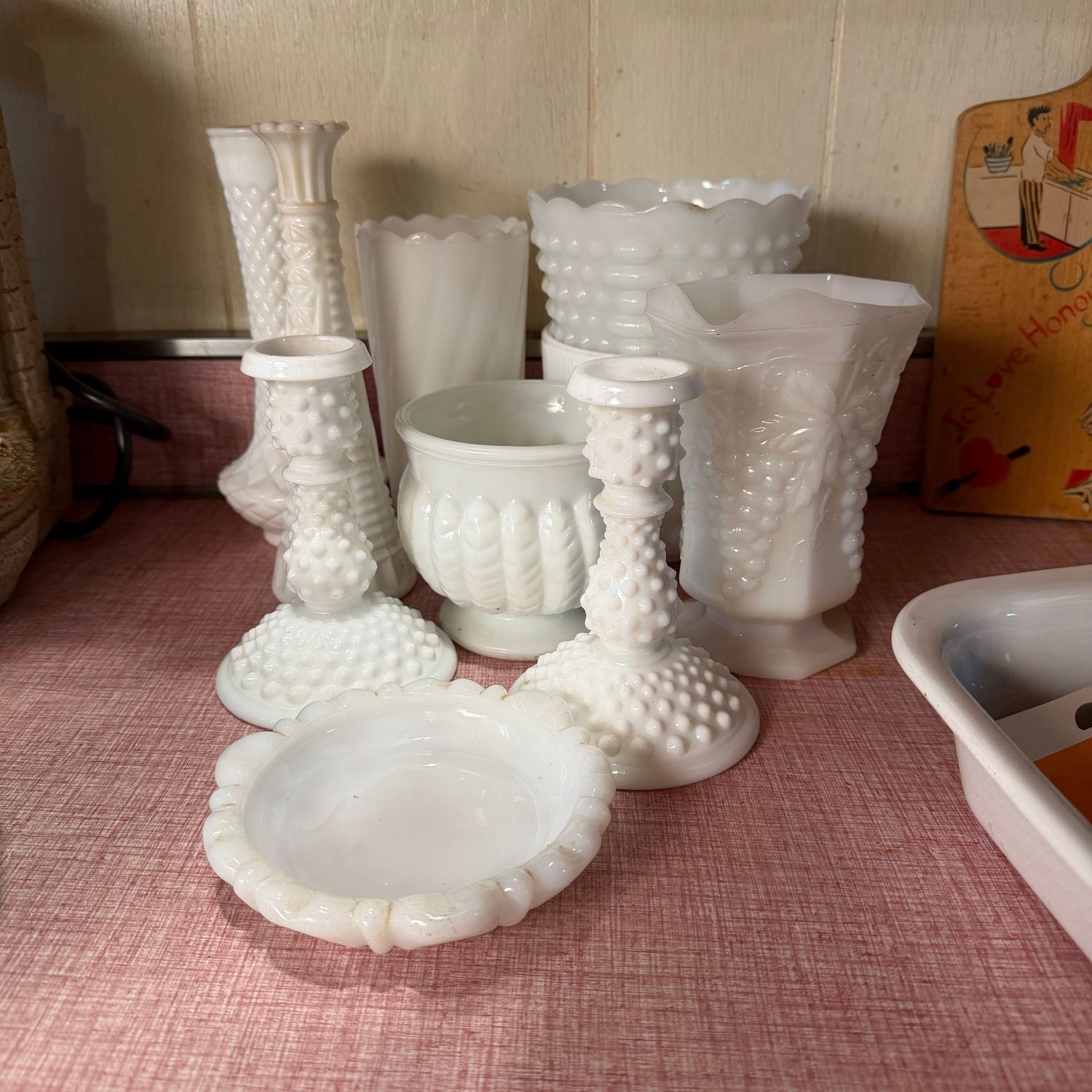 Group of milk glass bud vases, candle holders, planters
