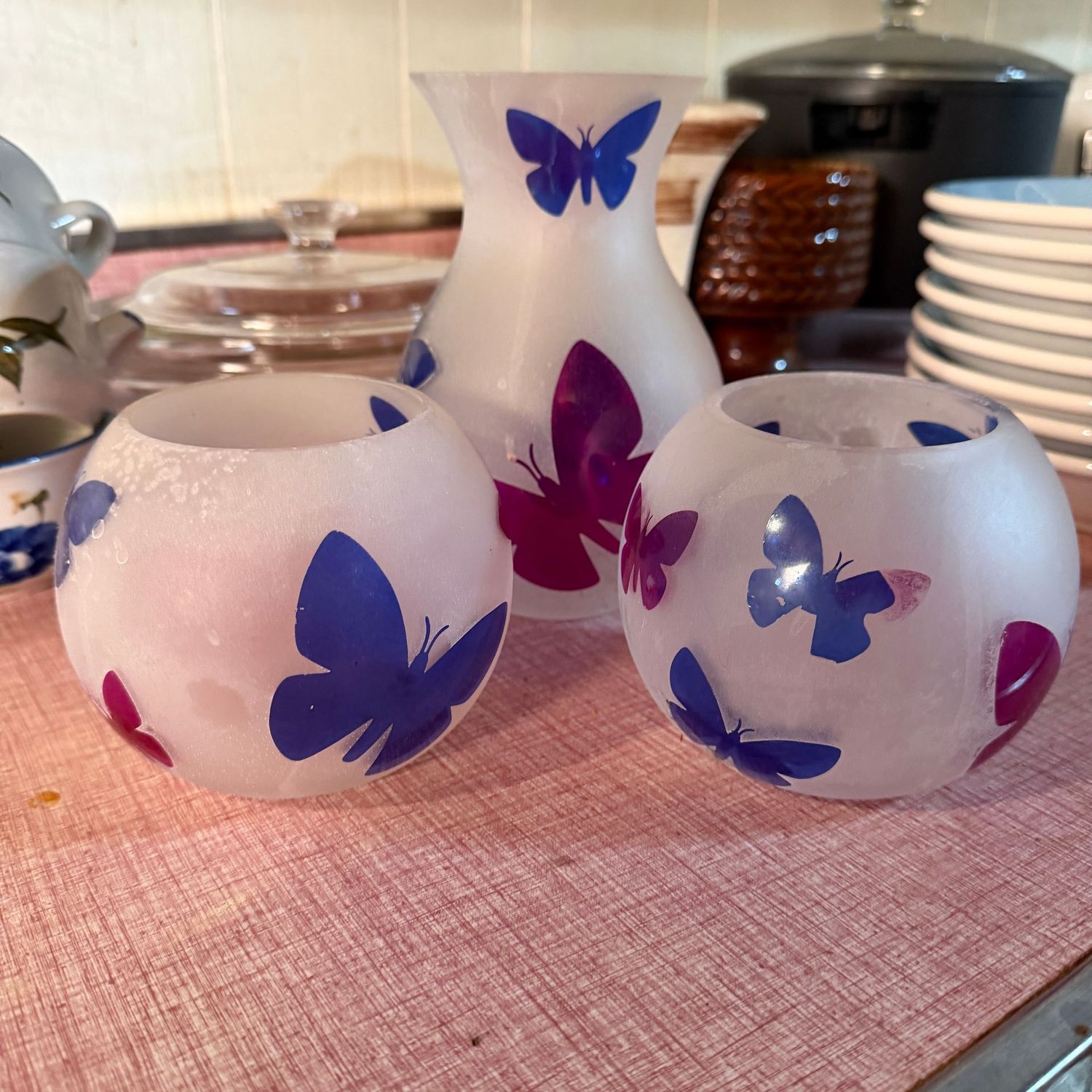 Frosted glass blue and pink butterfly vase and candle holders