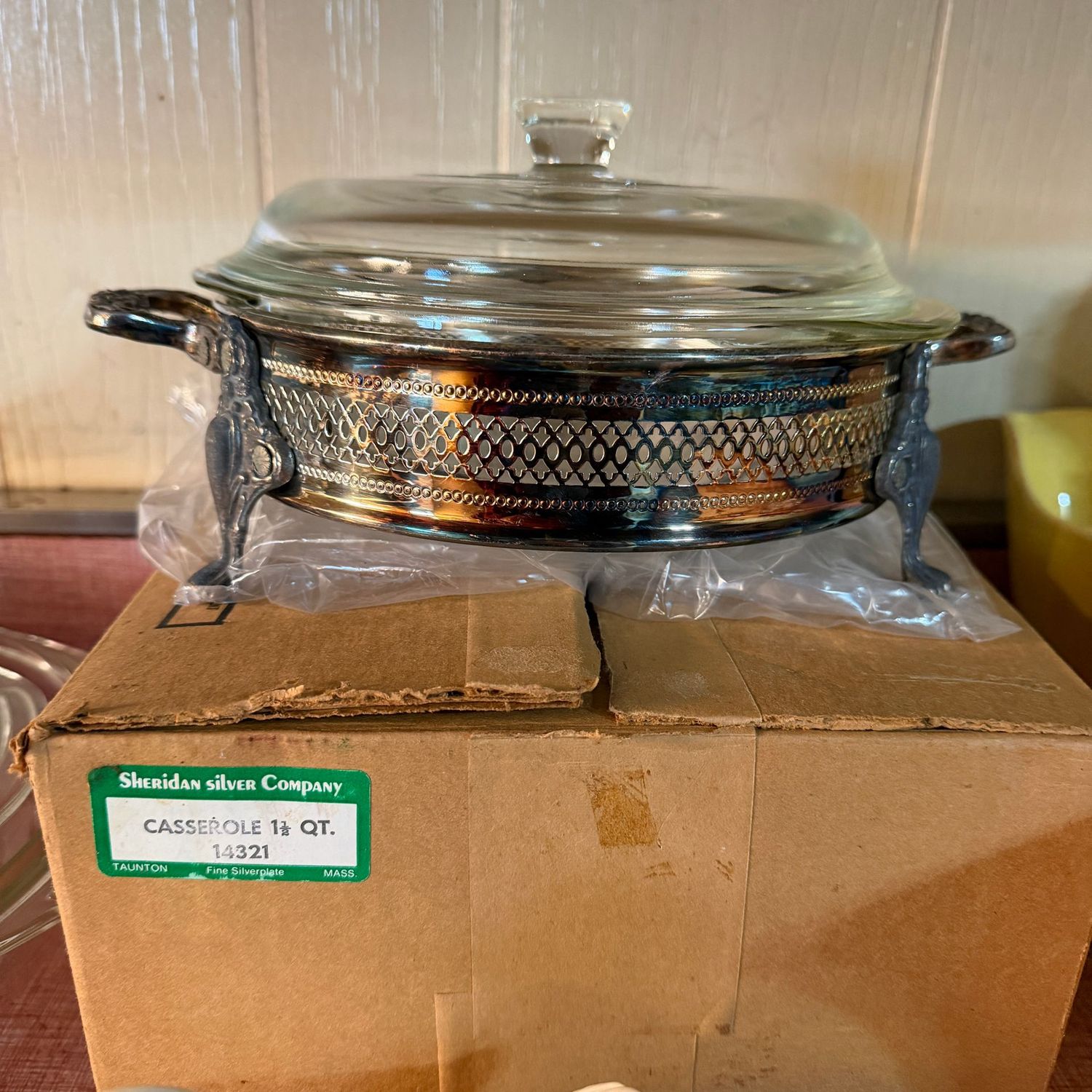 Sheridan Silver Company 1.5 quart glass casserole in silver-plated stand, unused