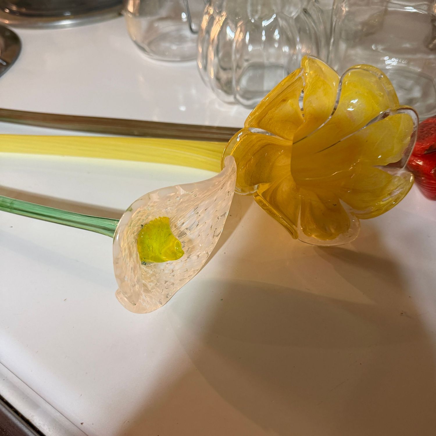 Three long-stem glass flowers, all approx. 16"