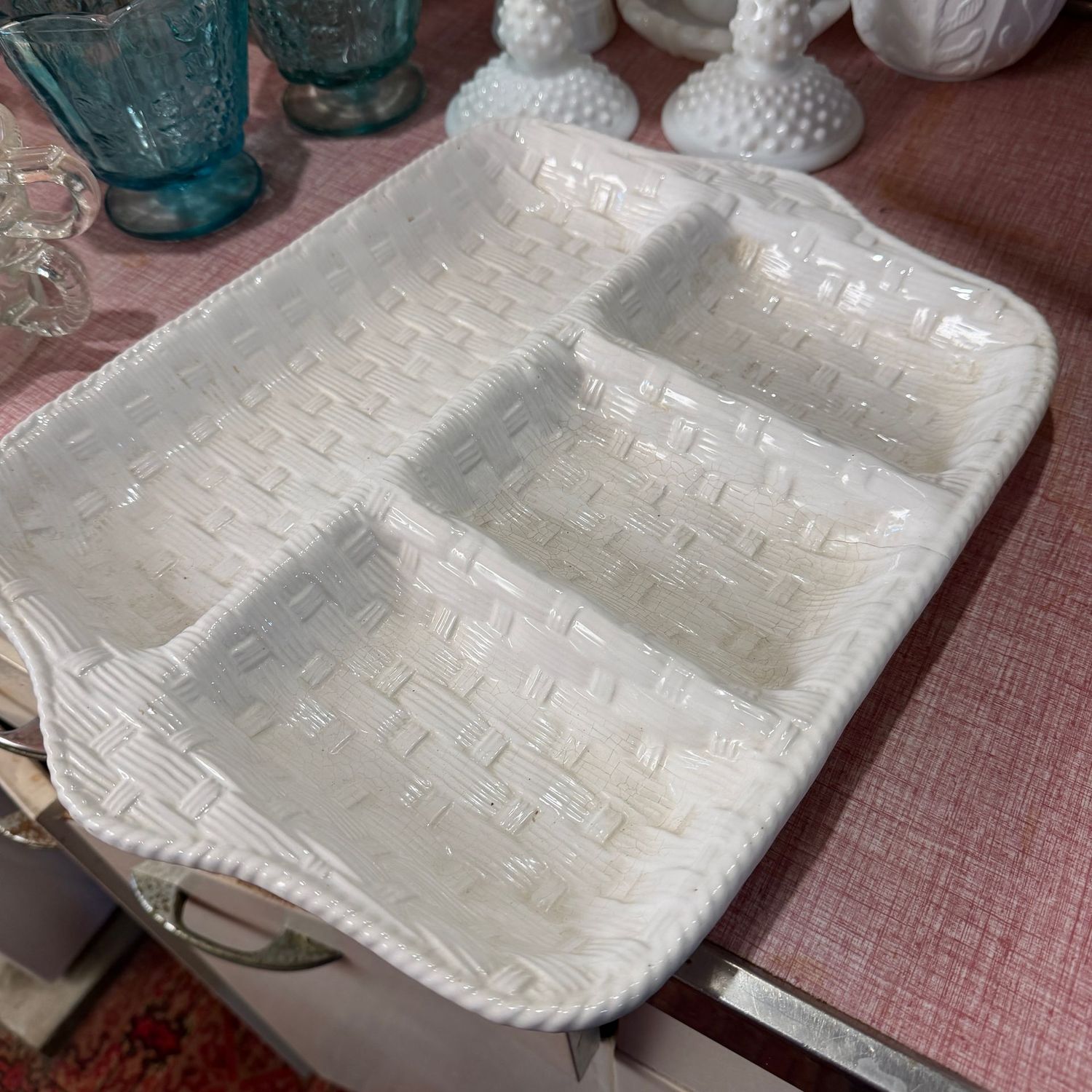 Loucarte ceramic divided tray with woven basket design, 11"x 14"