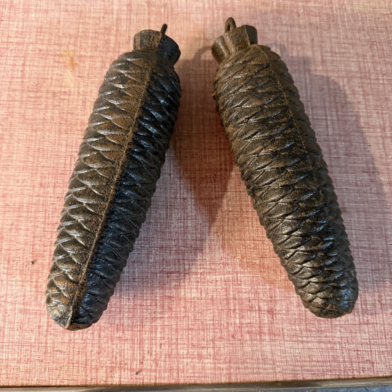 Cast iron pinecone clock weights, 7"
