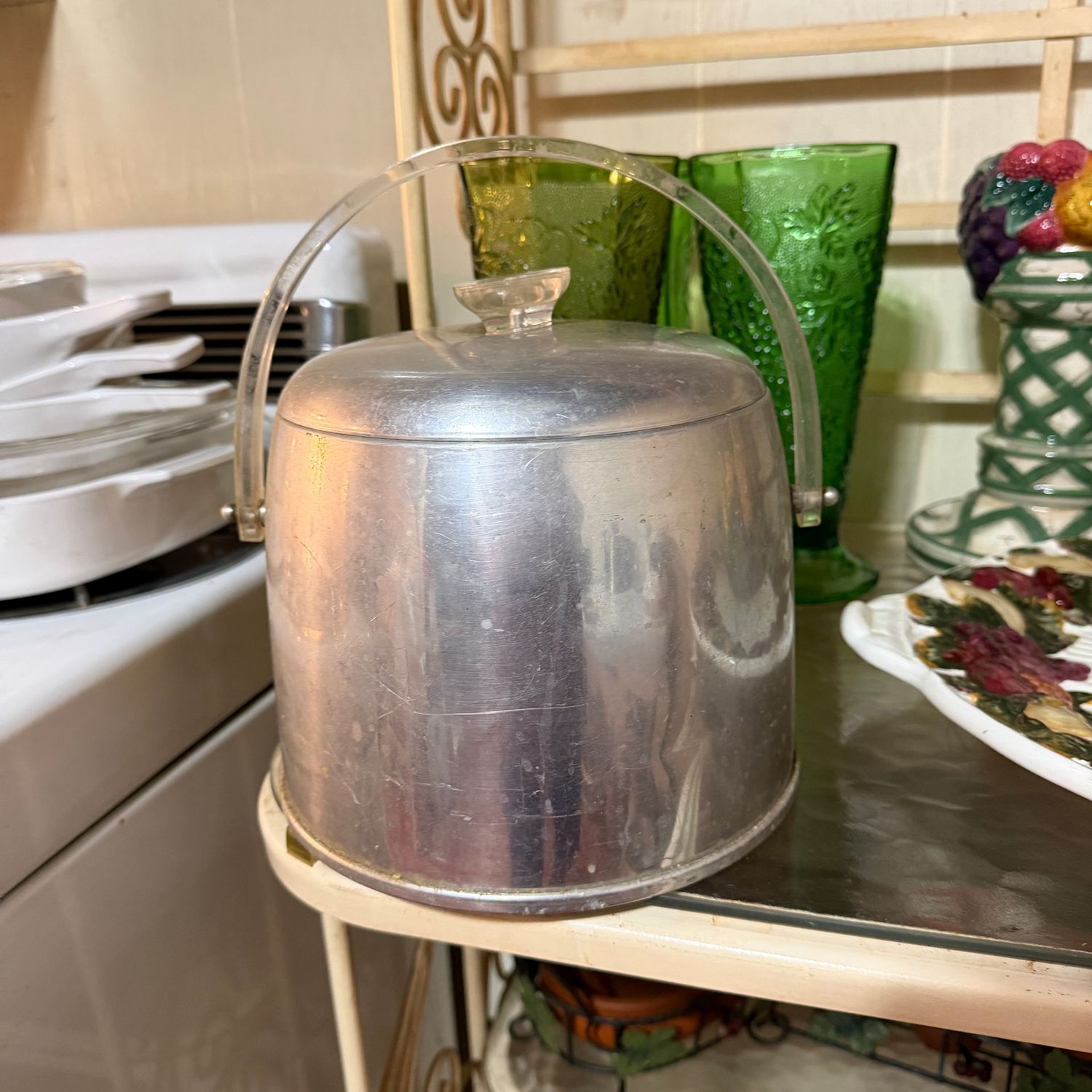 Vintage ice bucket, Kromex, plastic handle, knob is slightly bent
