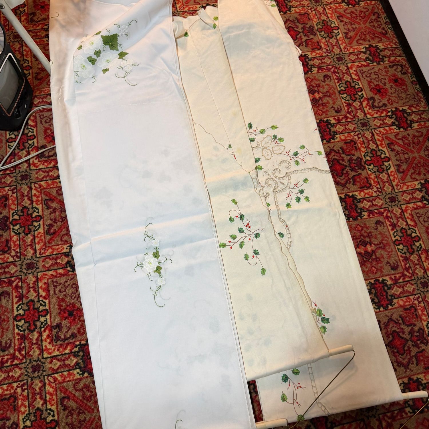 Three vintage cloth tablecloths, will fit a 6' table, may need spot treatments