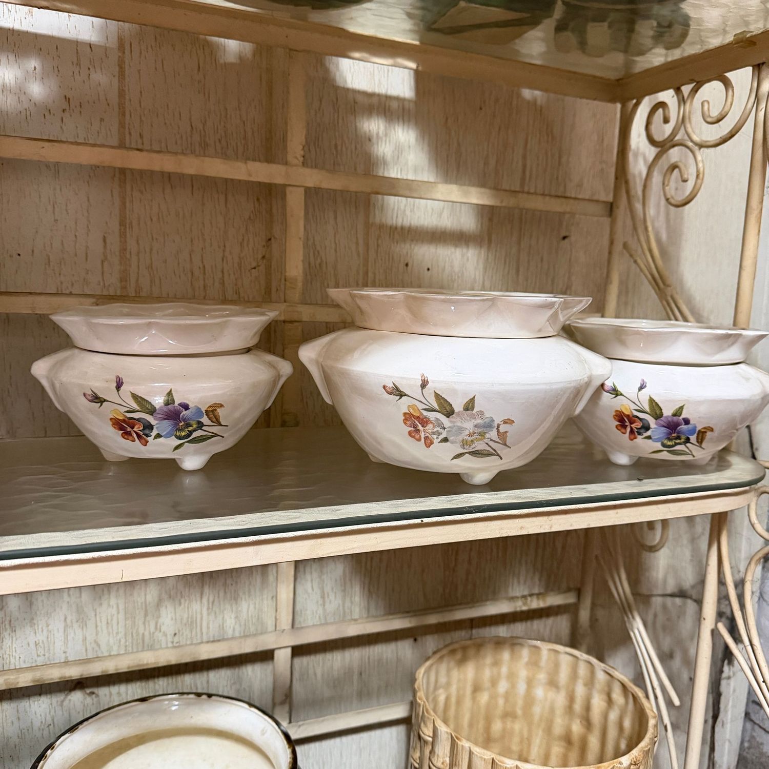 Trio of Spectrum ceramic planters, the widest is 7"