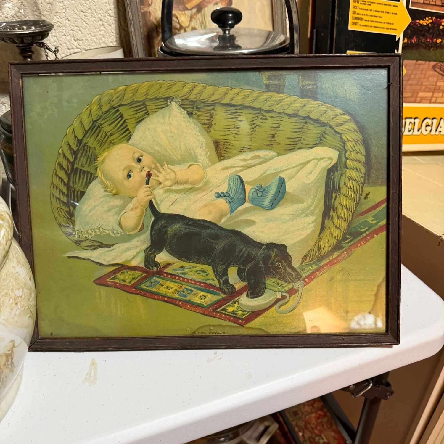 Vintage baby and dog print, some foxing near bottom, 12" x 16"