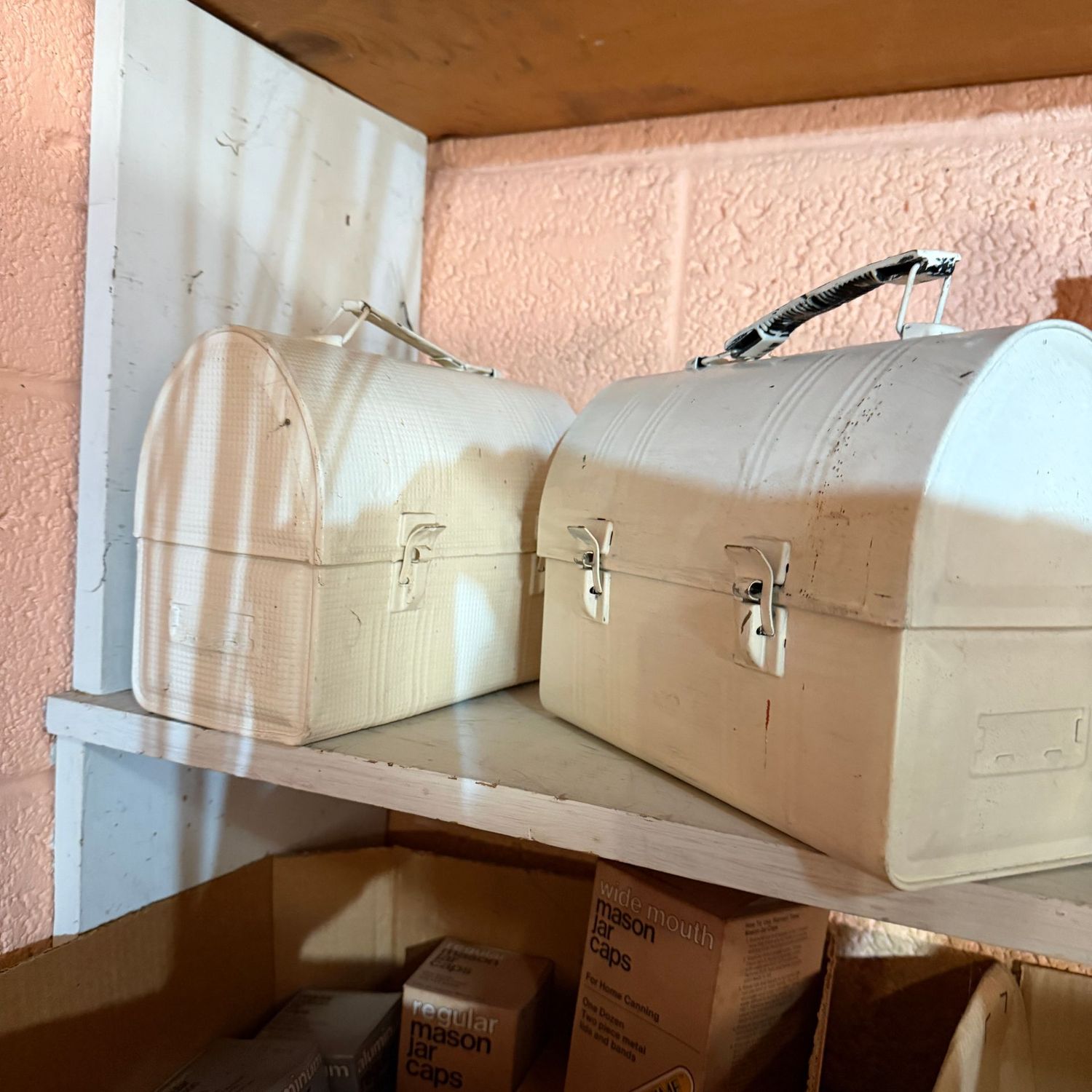 Pair of vintage metal lunchboxes, painted off-white