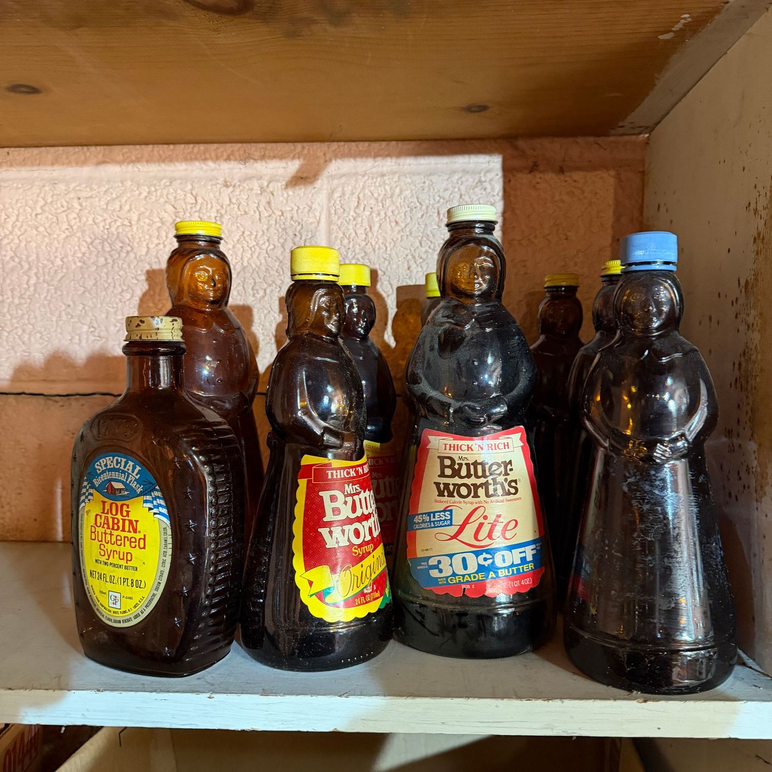Group of Vintage Mrs. Butterworths and Log Cabin pancake syrup bottles