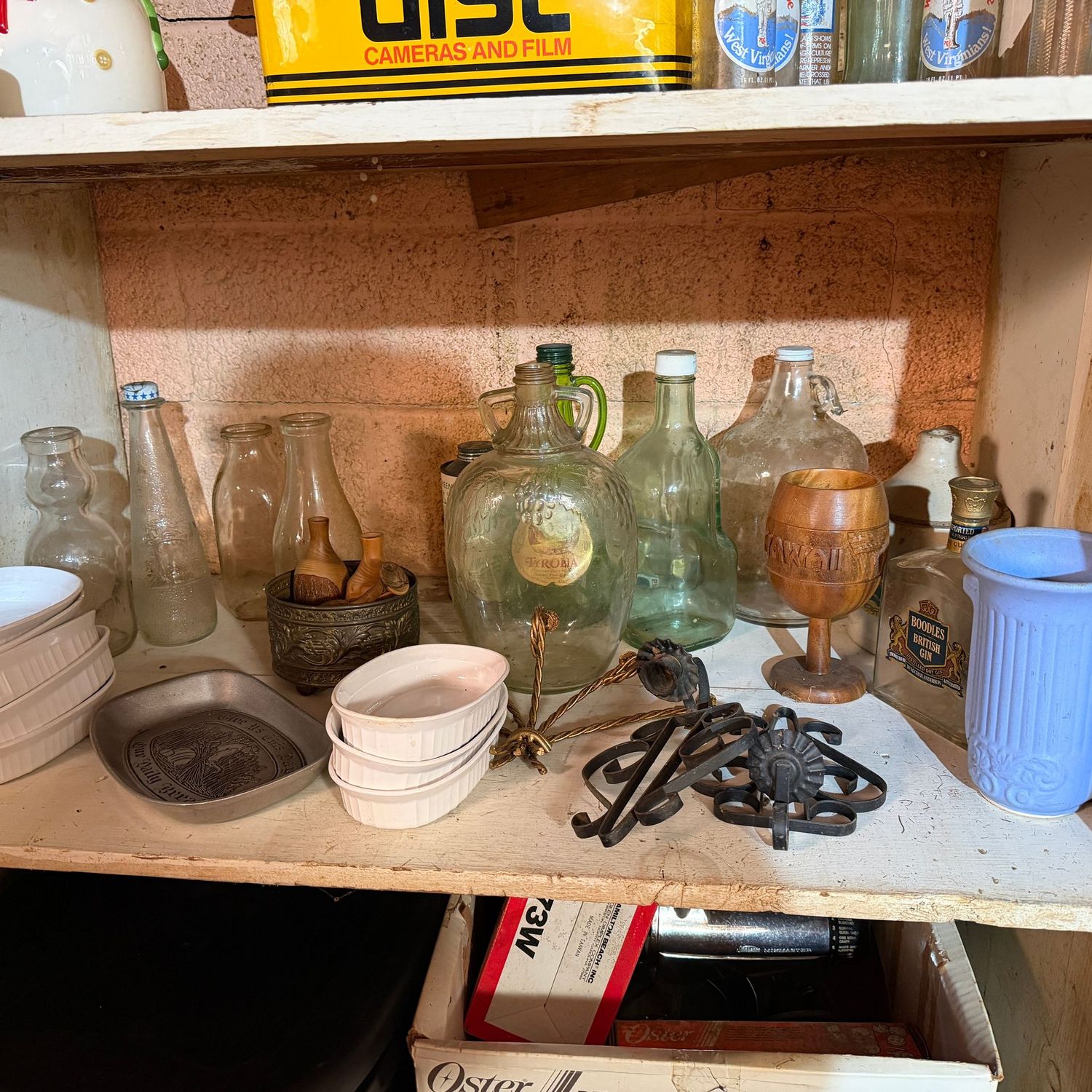Entire shelf of vintage glassware, candle  holders, small casseroles