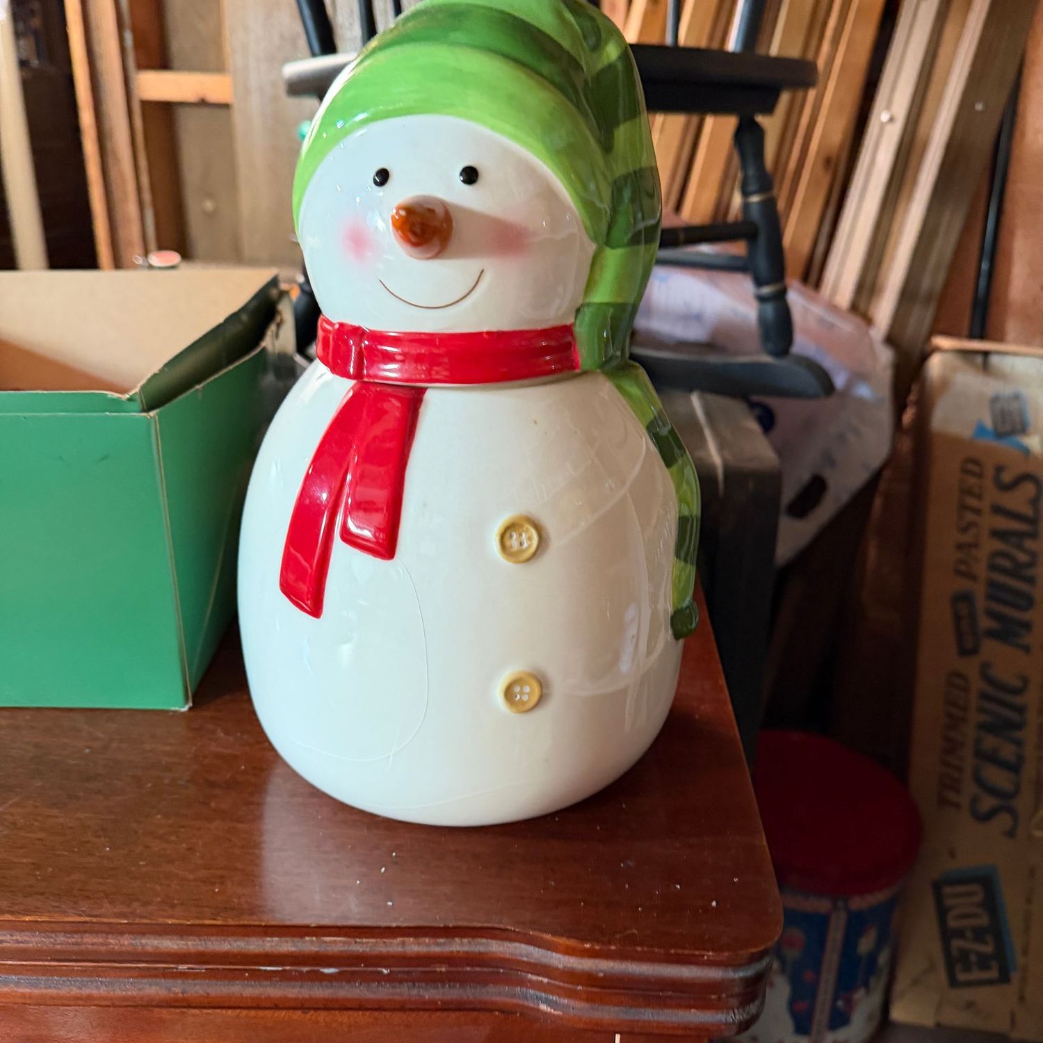 Snowman ceramic cookie jar, has a few very fine hairline surface cracks - still nice and sturdy, 11"H