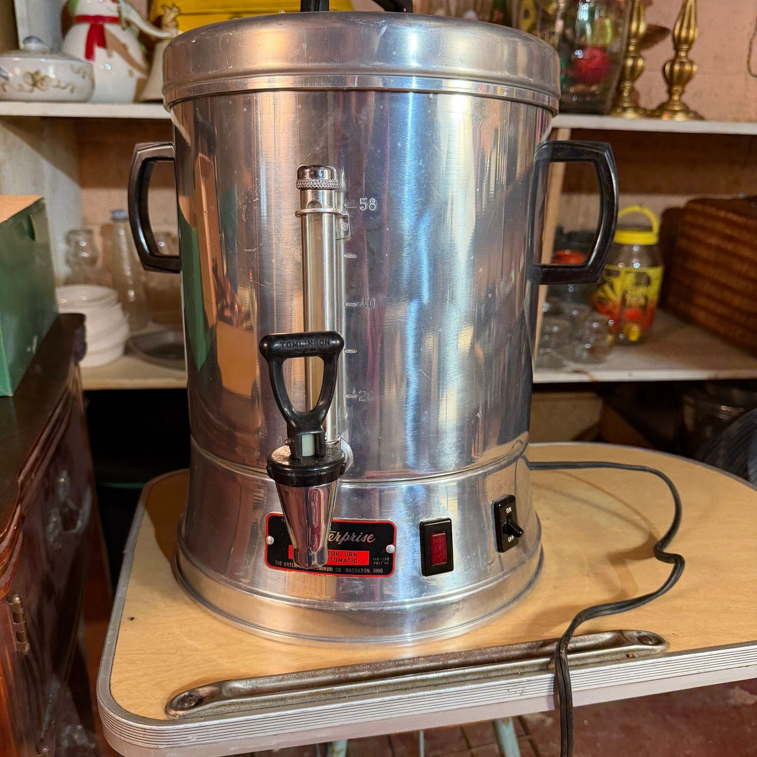 Stainless Enterprise banquet-size percolator urn coffee maker, 58 cups, unused, heats up quickly on initial test