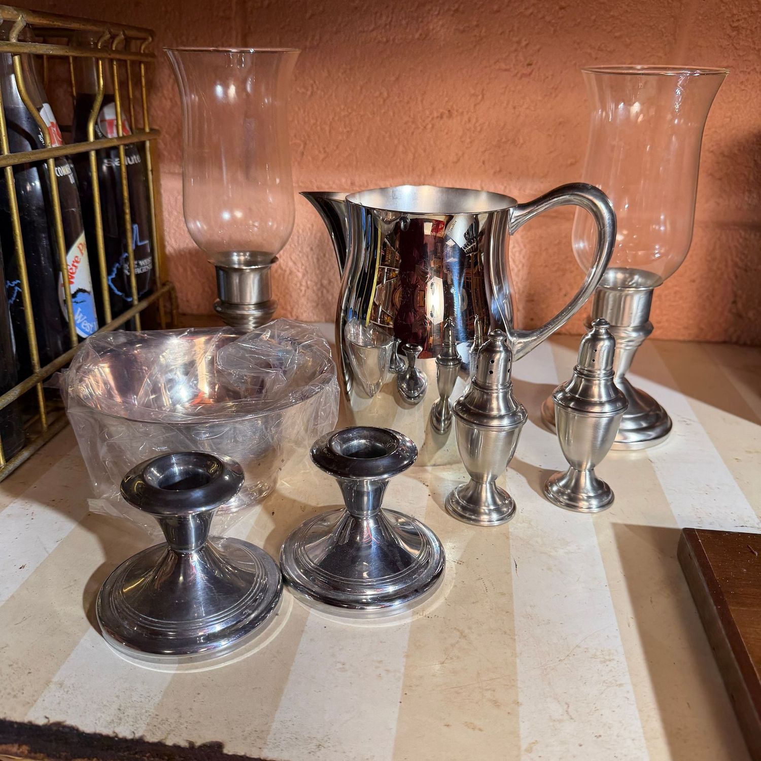 Crome, brushed chrome candle holders, bowl, salt & pepper, pitcher