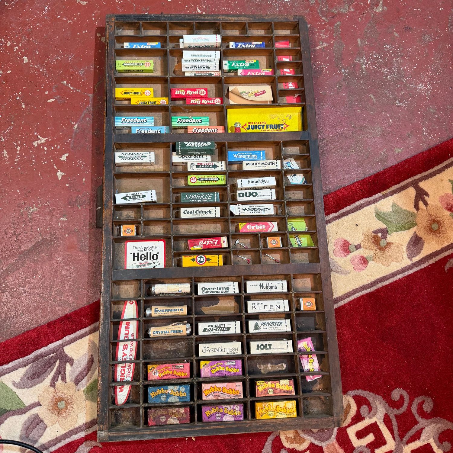 Antique letter tray filled with vintage gum, 32"L x 16"W