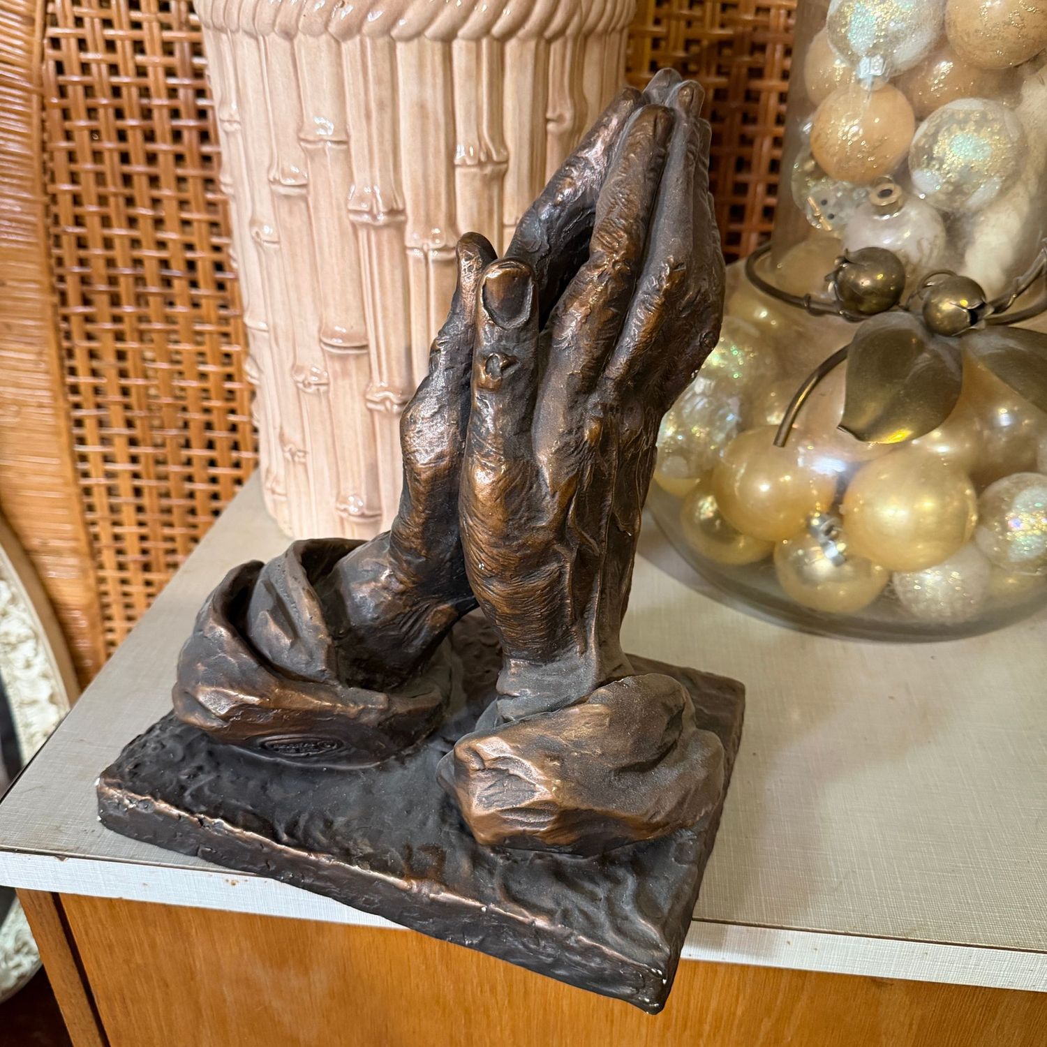 Large plaster praying hands with bronze finish, minor wear, 8"W x 11"H
