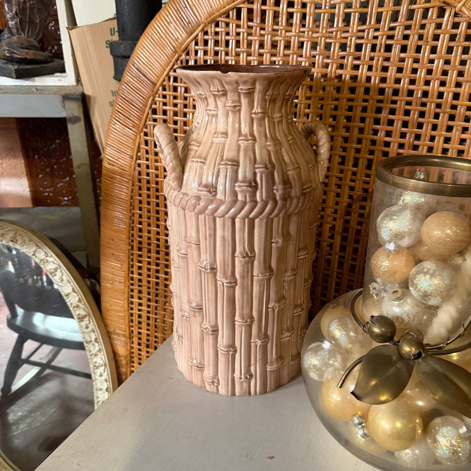 Large ceramic decorative planter vase, has a chip on lip, 17"H