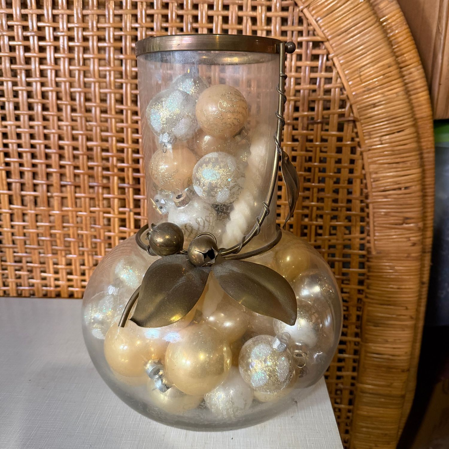 Large vintage glass vase with brass decoration, filled with bulbs, needs some cleaning, 13"H