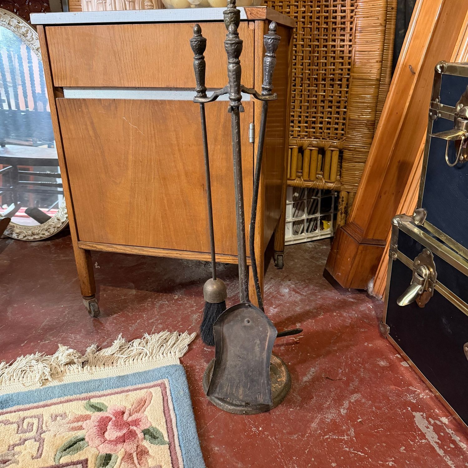 Vintage brass fireplace set, poker is slightly bent, some wear