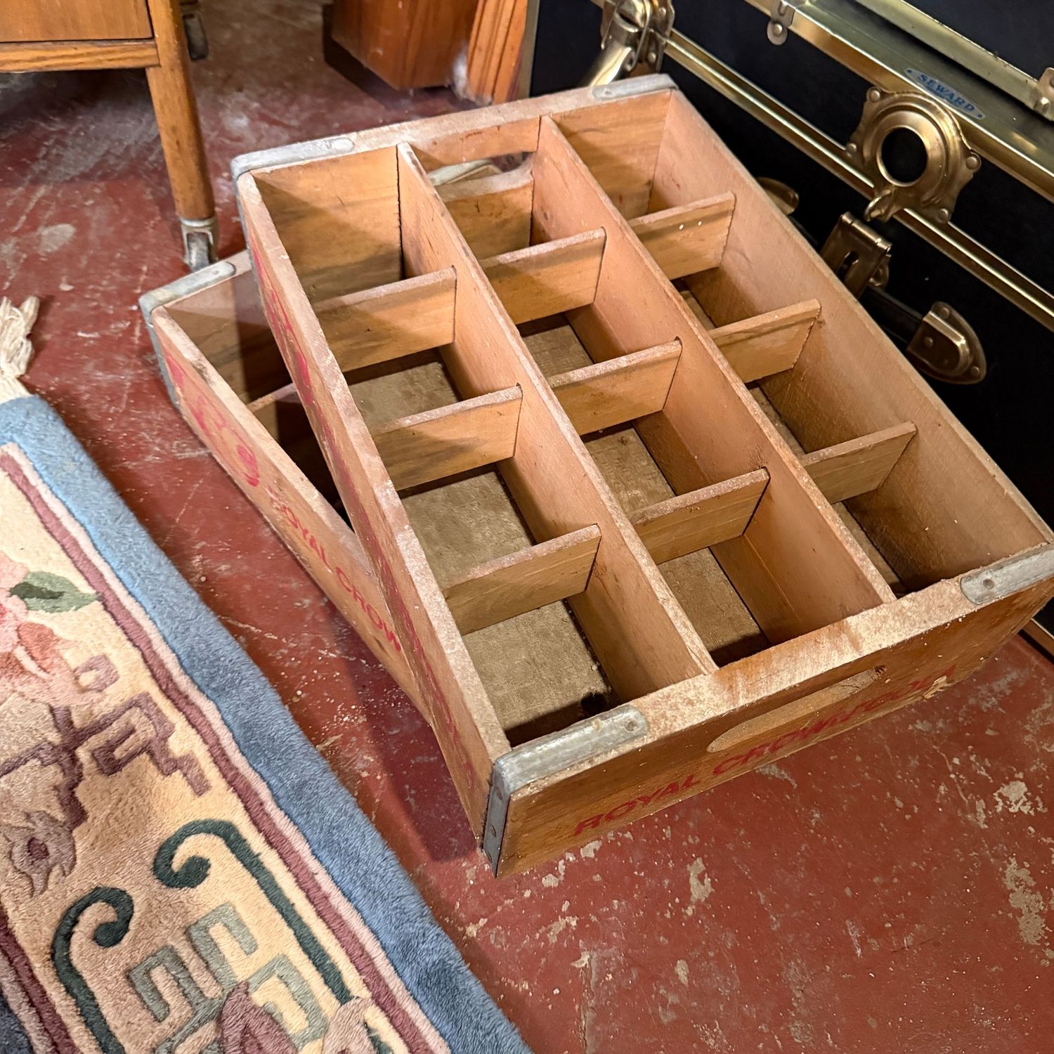 Two wooden RC Royal Crown Cola bottle boxes, 17"L x 13"W