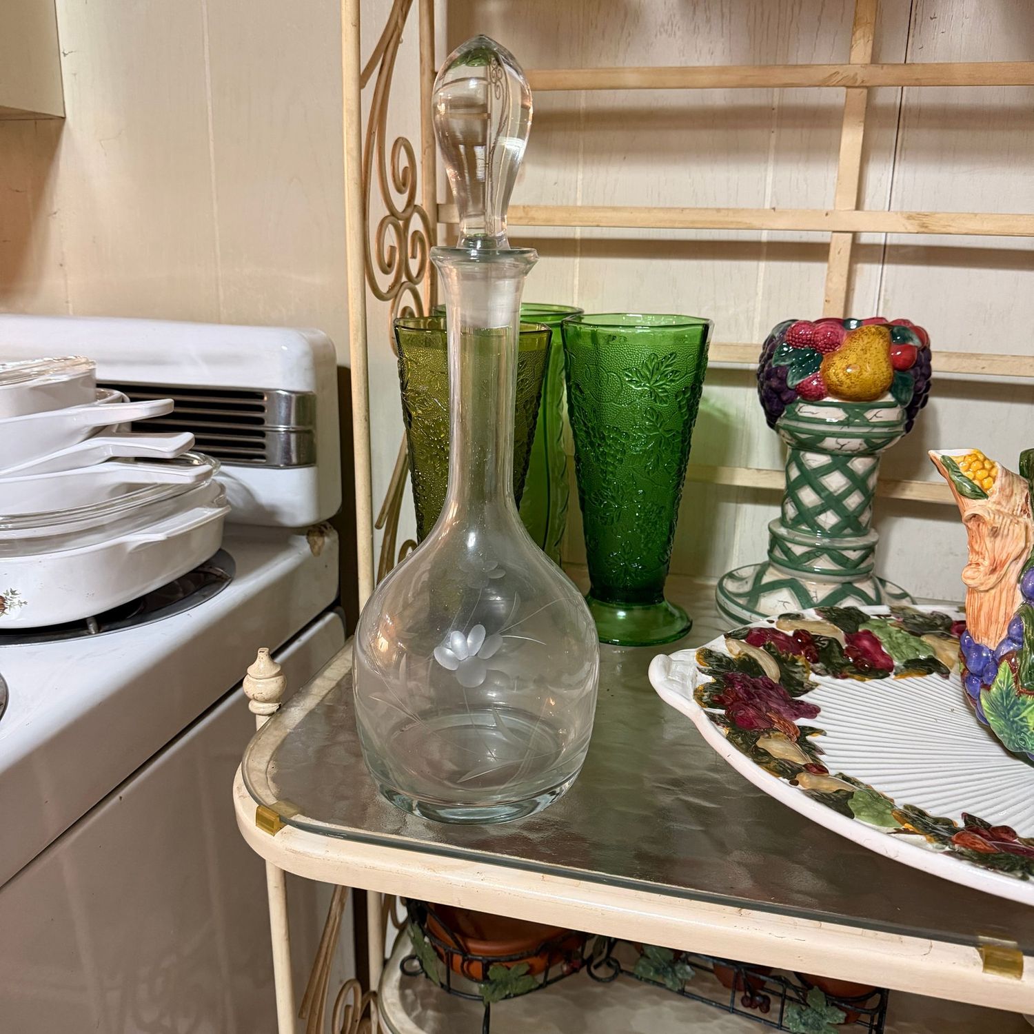 Tall clear glass decanter, 16"