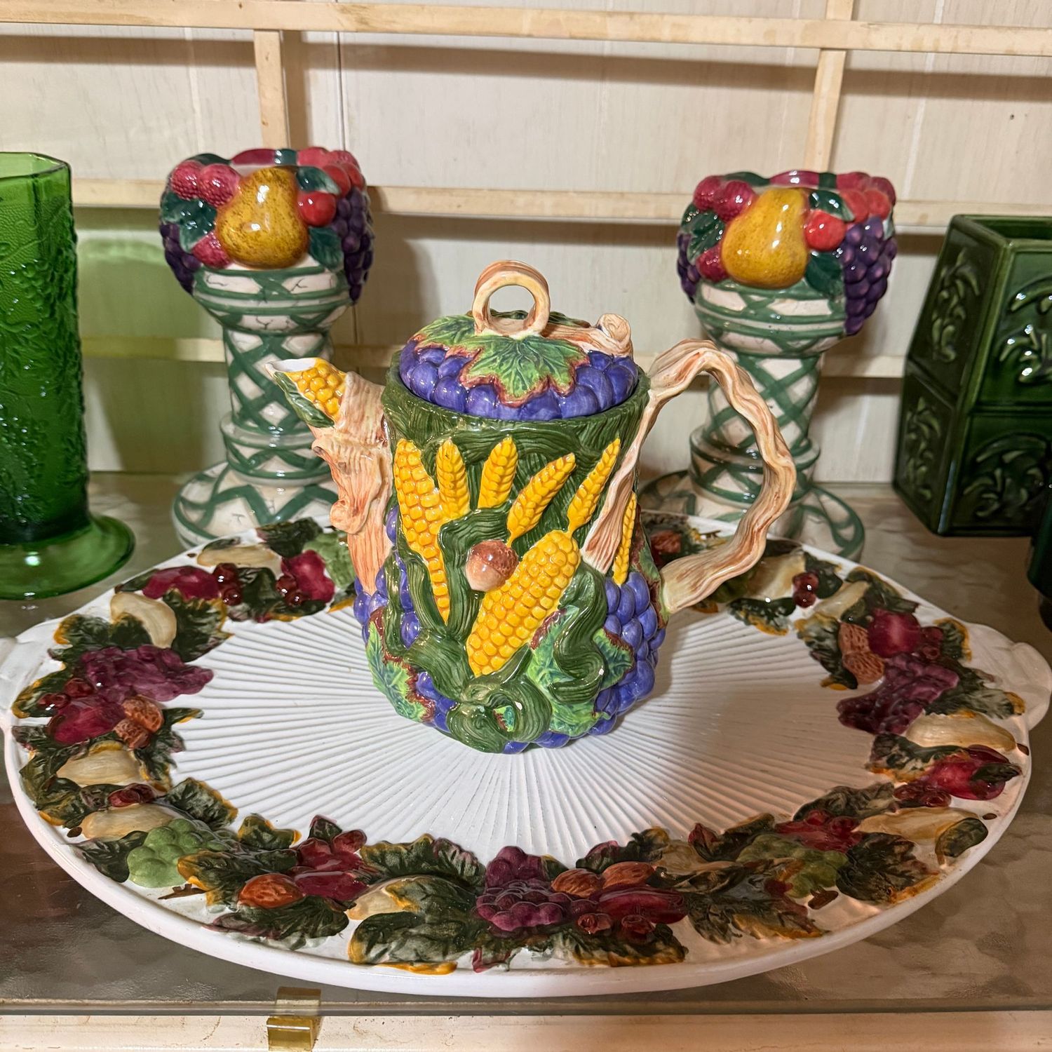 Ceramic harvest pillar candle holders, teapot, and large tray, 19"L