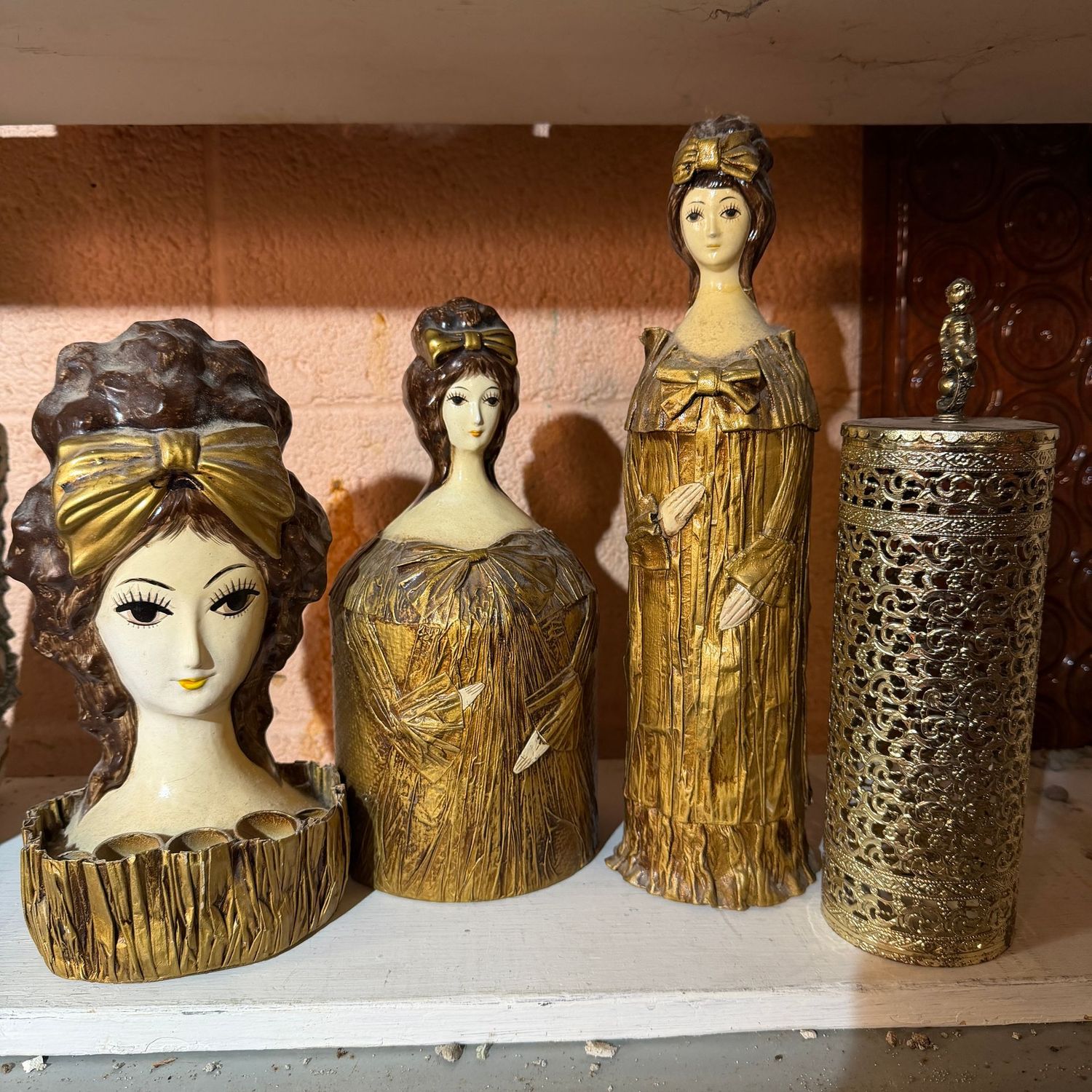 Group of vintage mache Maruyoshi head figures (the tallest is 13", and a filigree metal cylinder cover