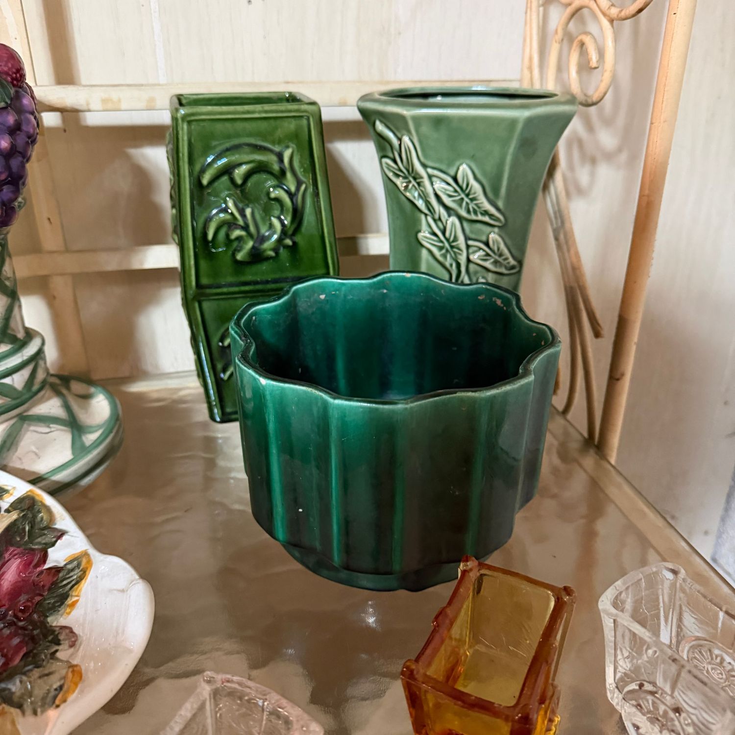 Group of 3 green ceramic planter and vases, the tallest is 8"