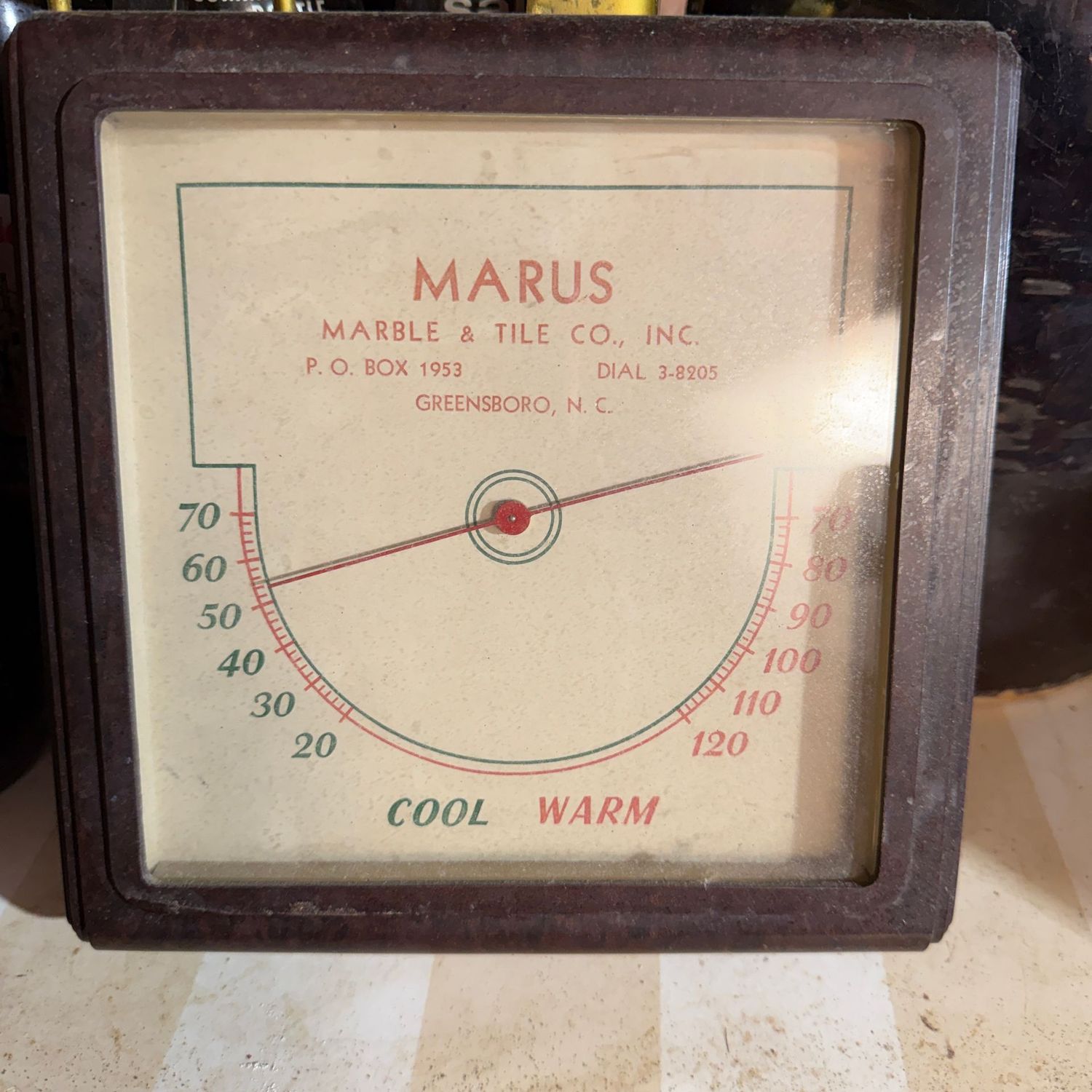 Vintage metal thermometer, Marus Marble & Tile, 5"