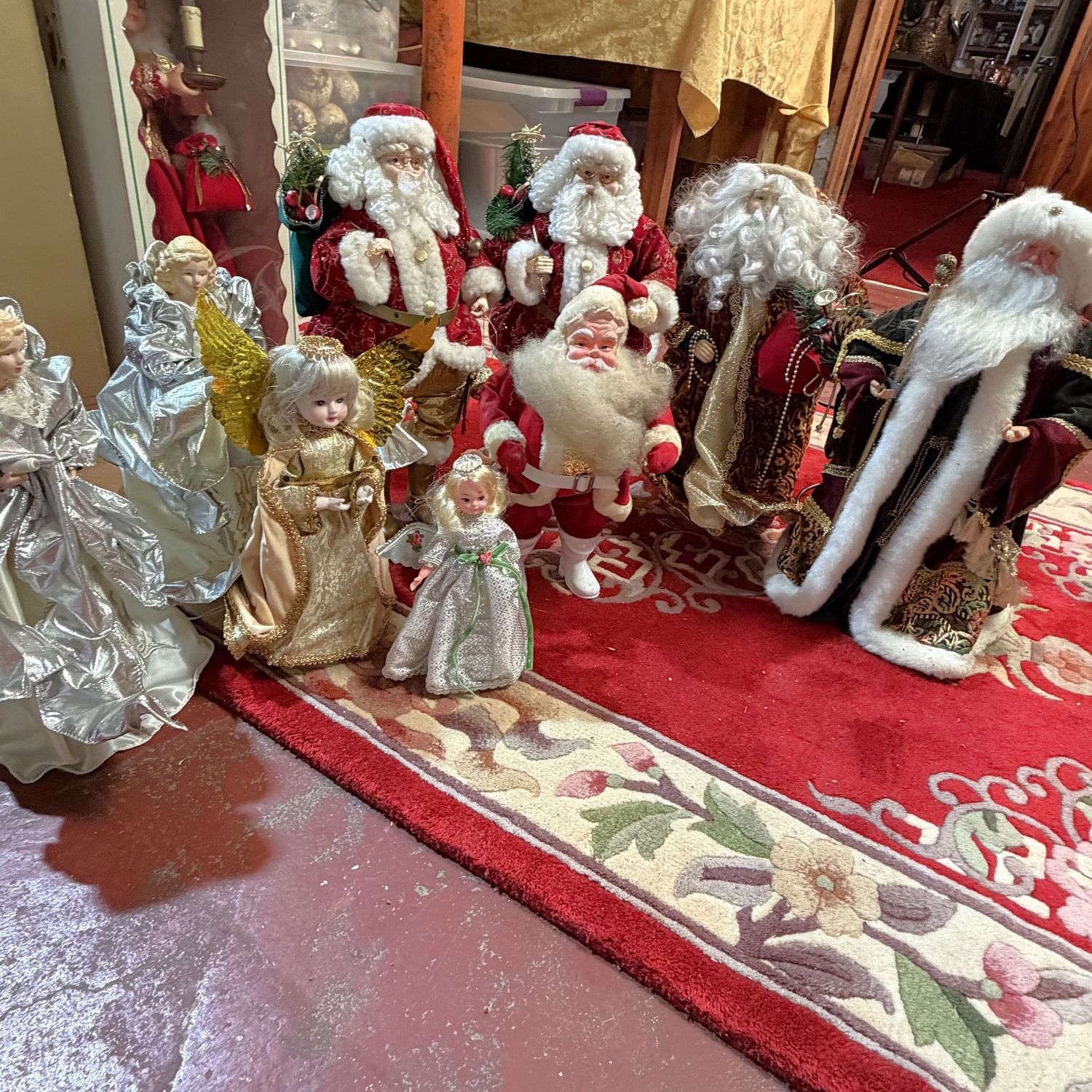 Group of angels and Santas, some wear, may need some cleaning, the tallest is 17"