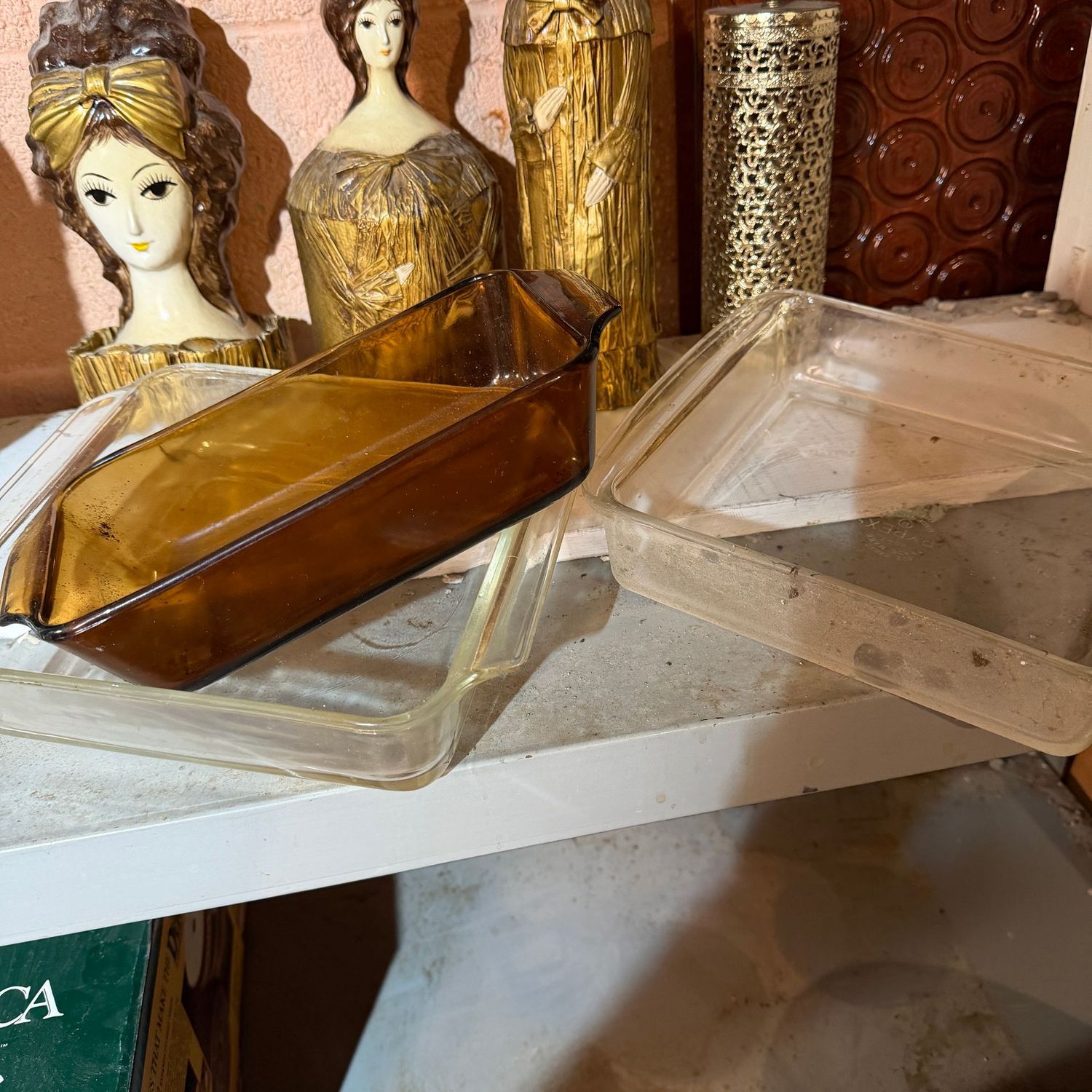 Three glass casseroles, need minor cleaning, bread and 8x8