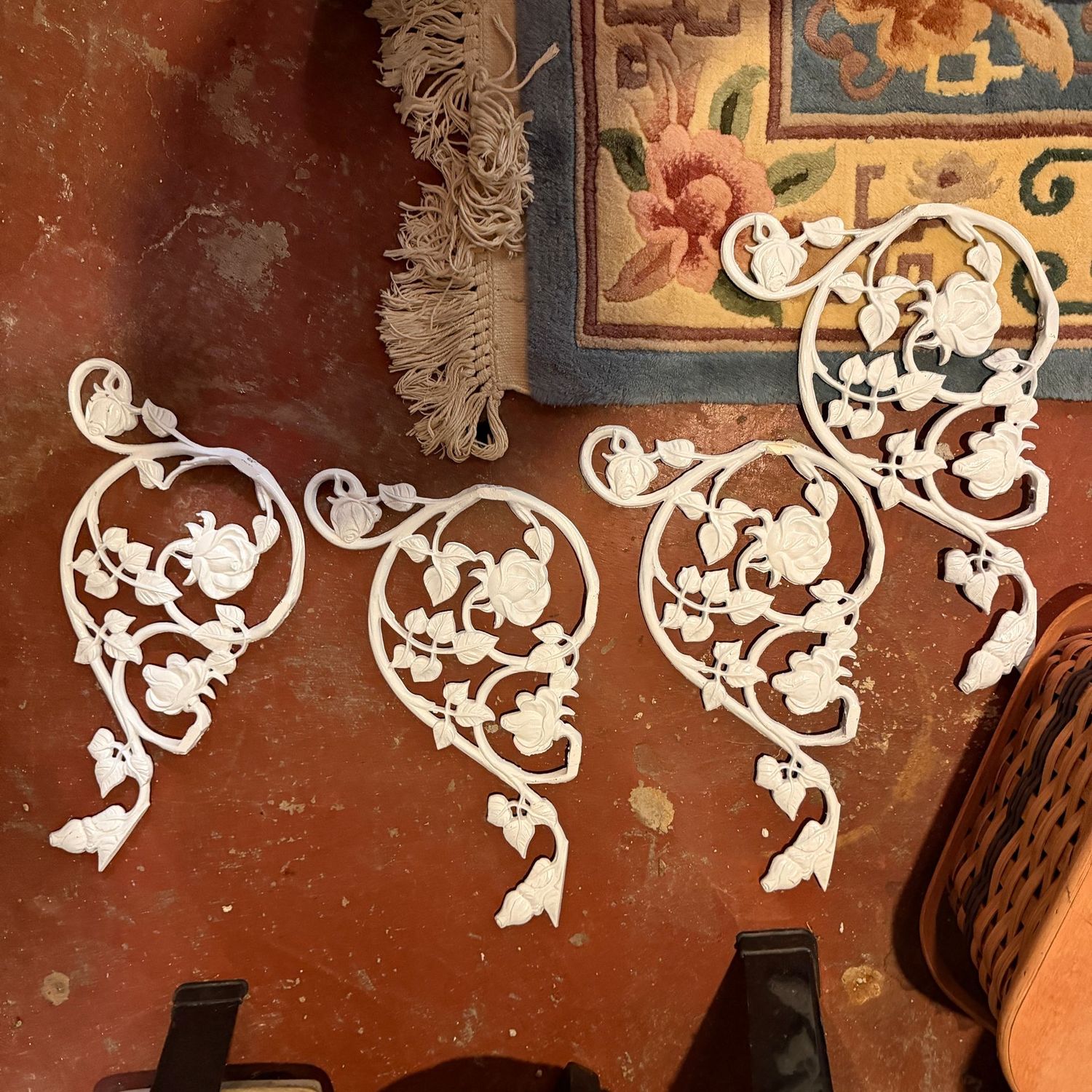 Large heavy cast metal rose vine hangers, wall-mount, 16"L