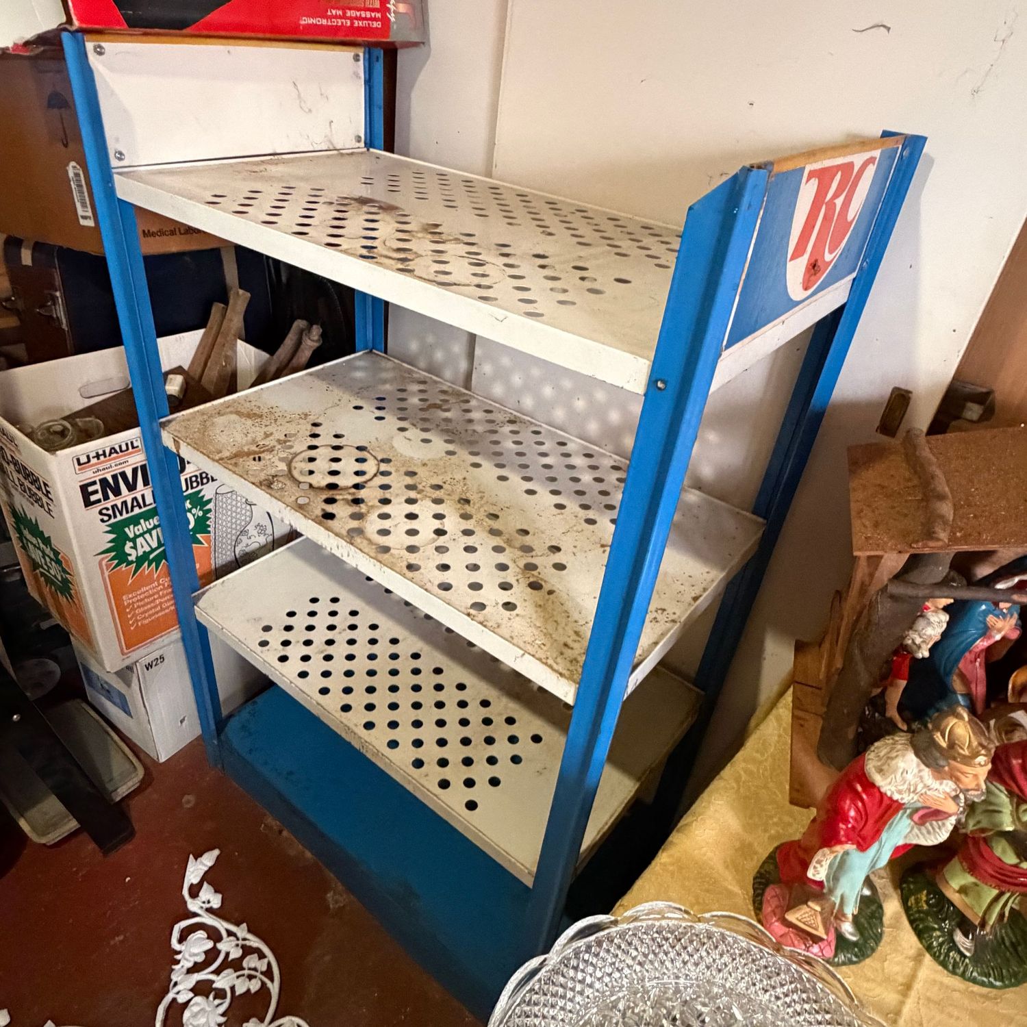 Vintage metal RC cola stand shelf, needs some cleaning, 55"H x 33"L x 19"D (This item is heavy & in the Lower Level)