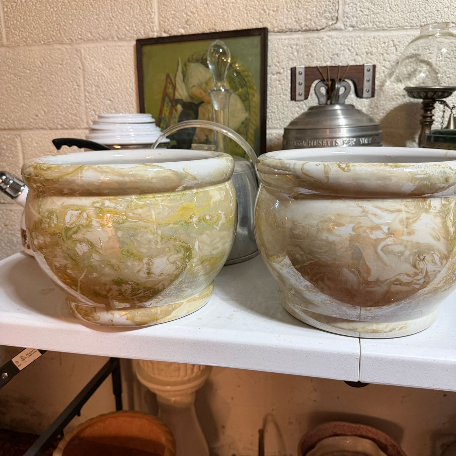 Two large multi-color heavy ceramic planters, 8"H x 10"W