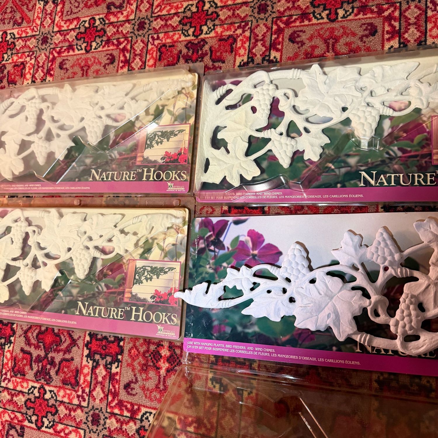 Set of 4 white cast iron nature hooks, wall-mount planter holders, 16"L x 7"H