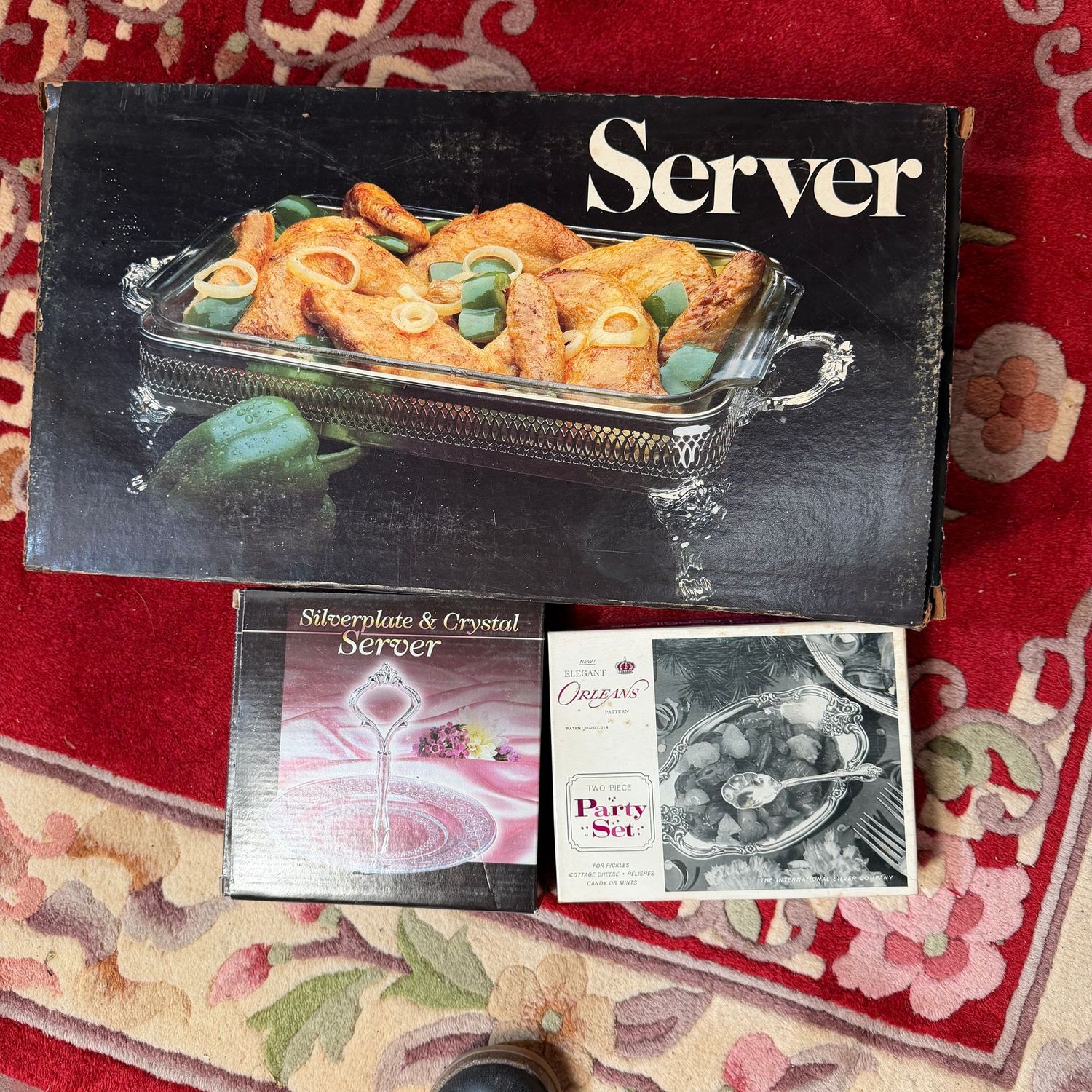 Group of silver-plated servers, unopened boxes, the casserole is 8x13