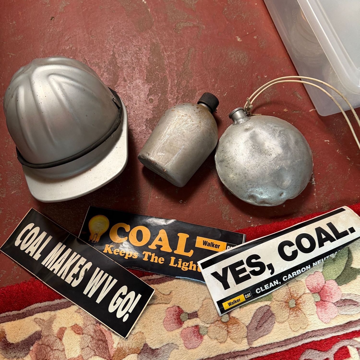 Vintage work helmet, canteens and coal bumper stickers