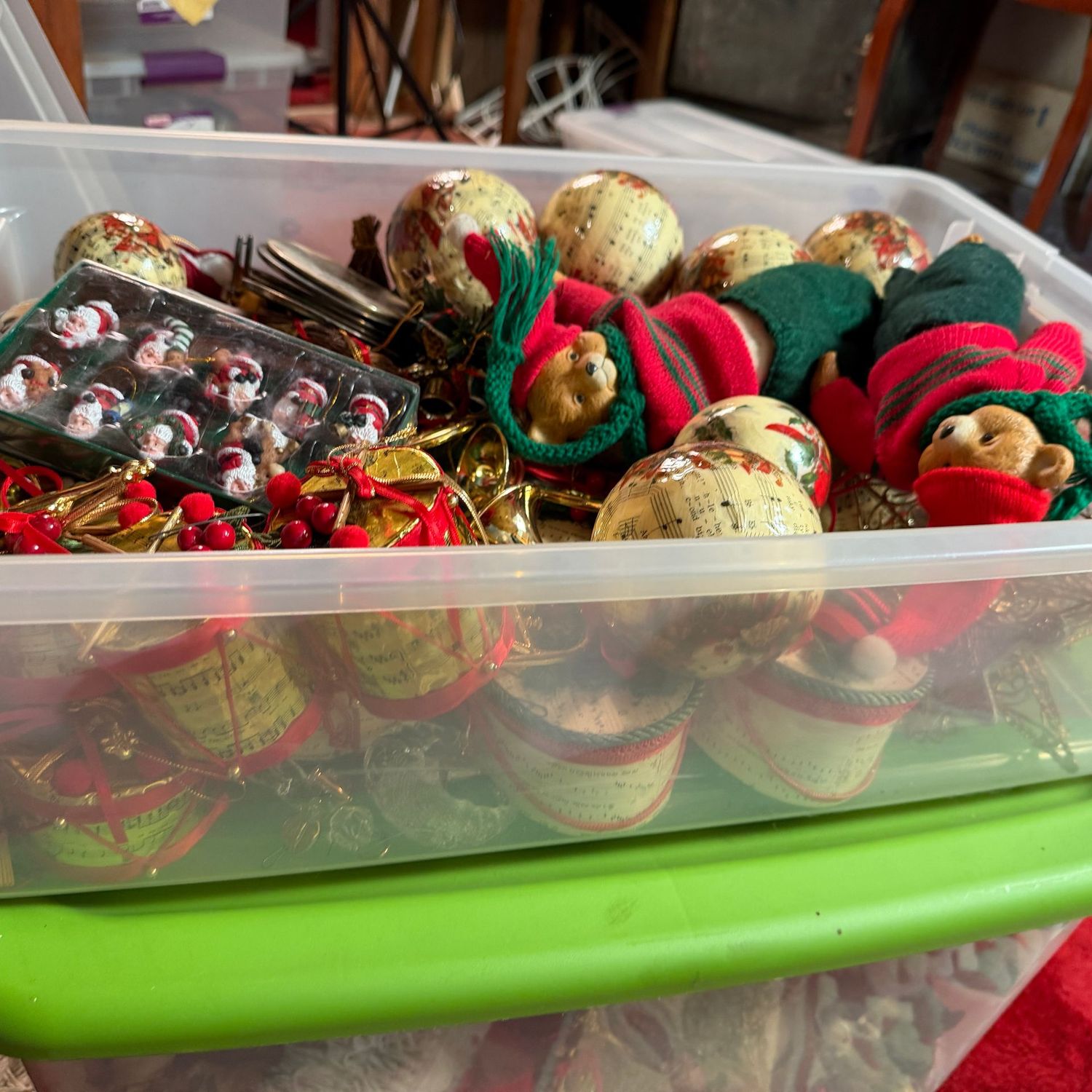 Lovely bin with lid of Christmas ball, horn, and drum ornaments, bears