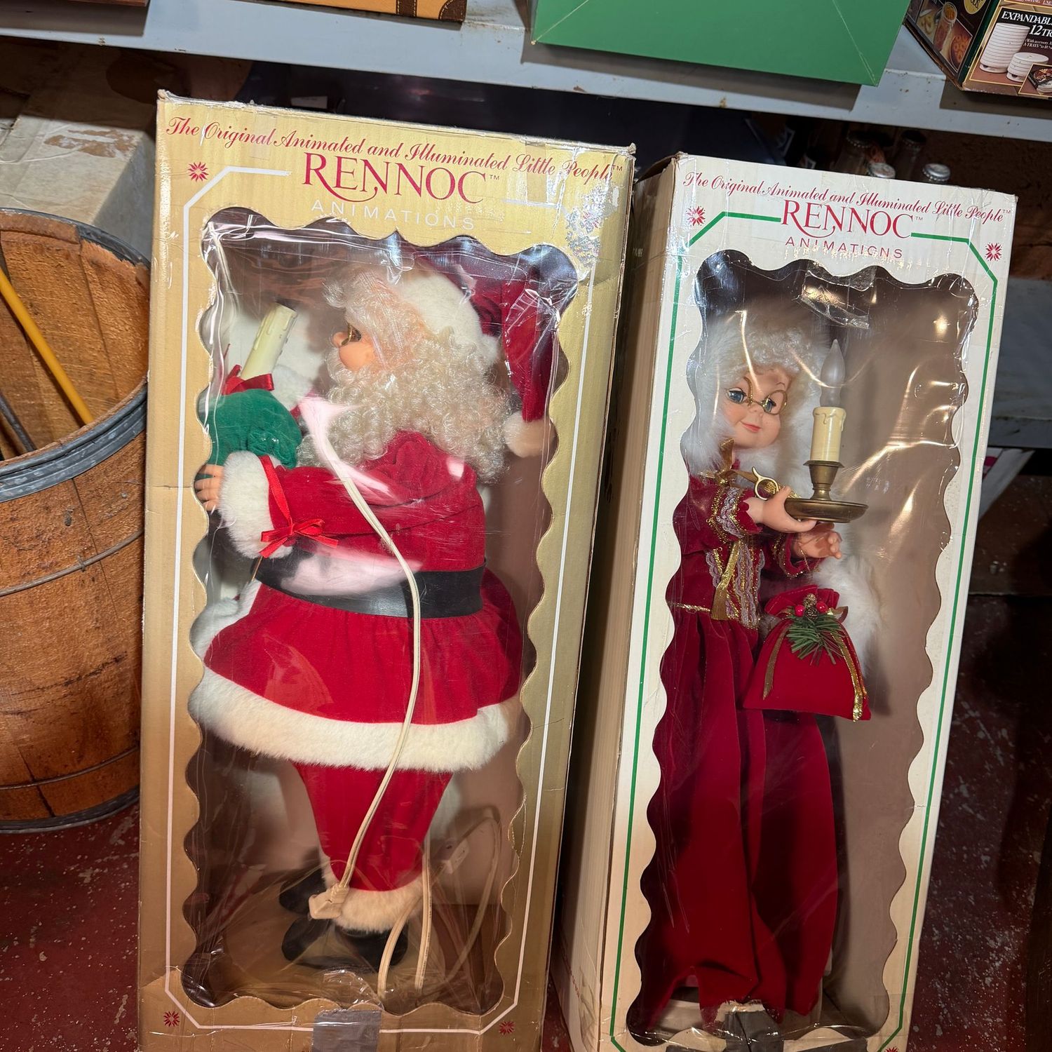 Mr. & Mrs. Santa Claus animated figurines, 23"H, work on initial test