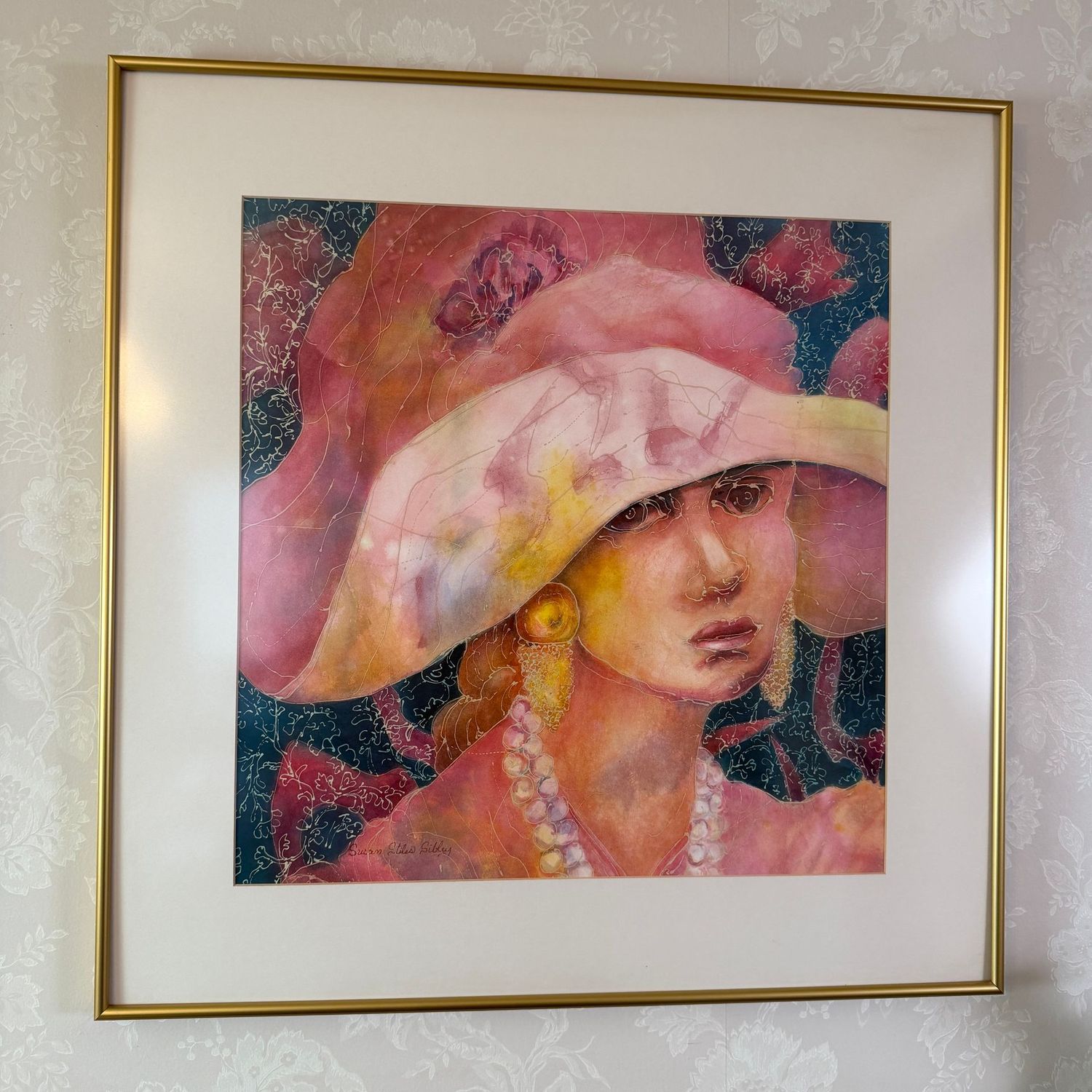 Girl in bonnet original watercolor by Susan Sibley of Charleston, gold frame, 26" x 26"