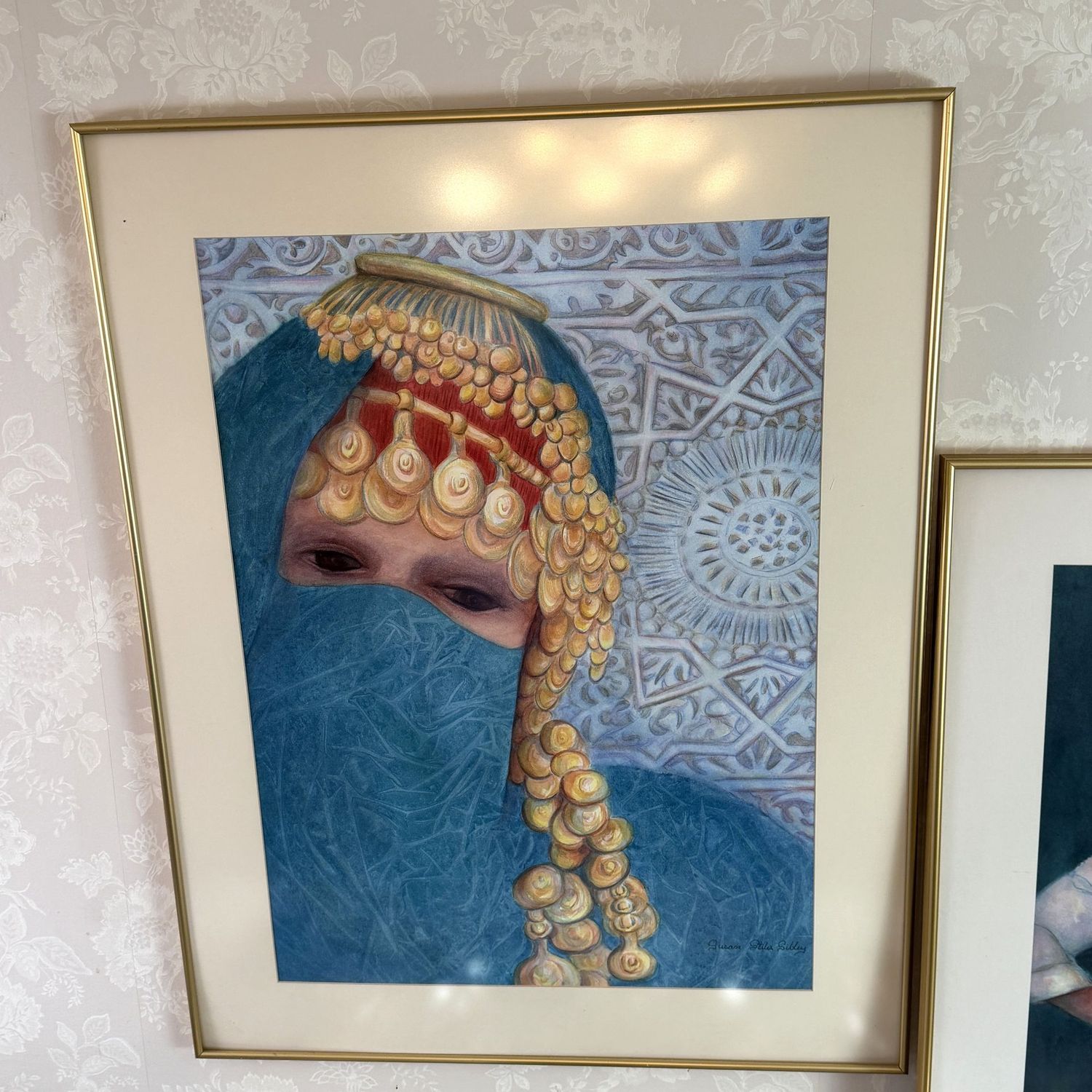 Large Arabian, Moroccan woman original watercolor by Susan Sibley of Charleston, gold frame, 36" x 27"