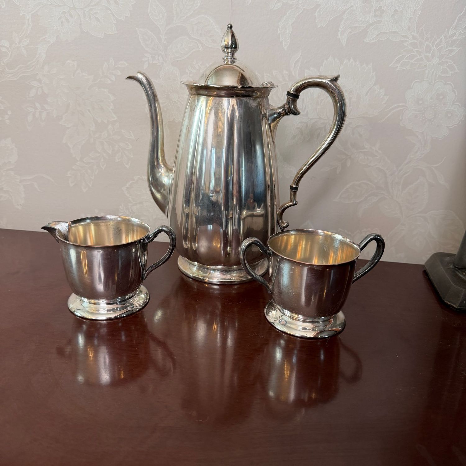 Coffeepot 10"H, sugar and creamer, silver-plated